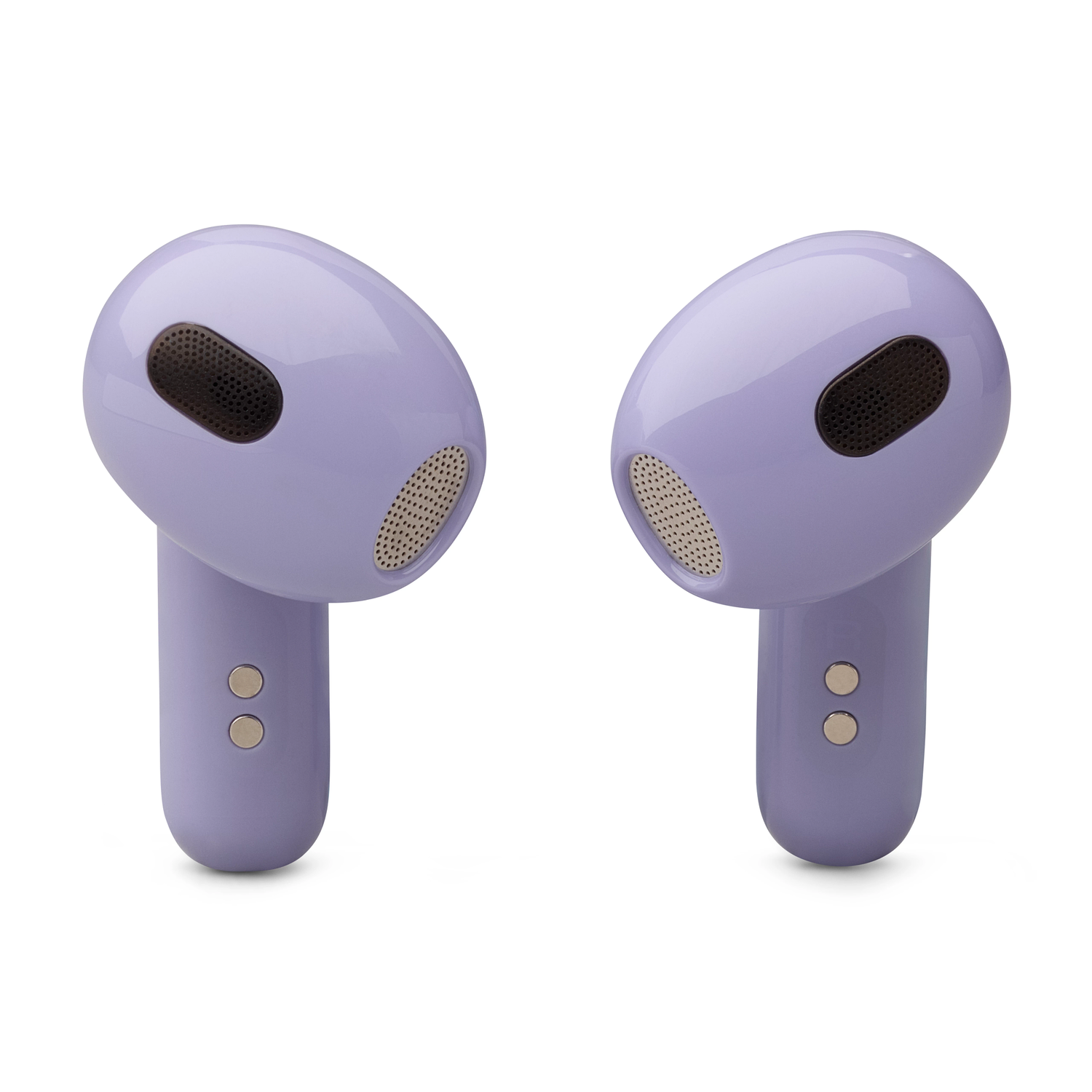 Two light purple wireless earbuds. Each has a stem and a speaker with a mesh cover.