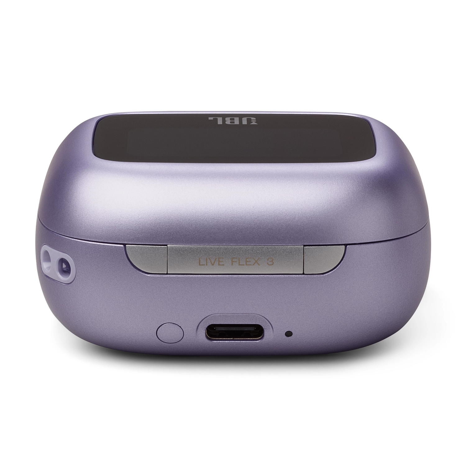 Purple charging case for earbuds. The case has a JBL logo on top and a charging port.