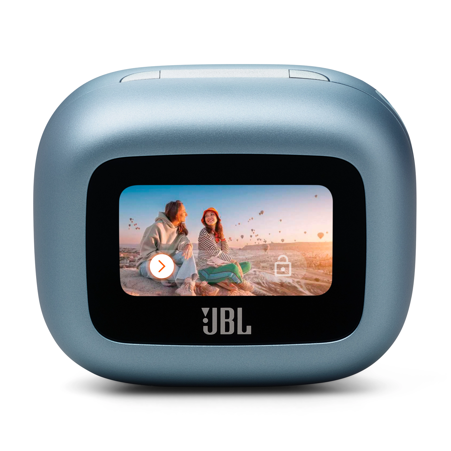 Blue JBL camera with a screen showing two people sitting. A padlock icon is on the screen.
