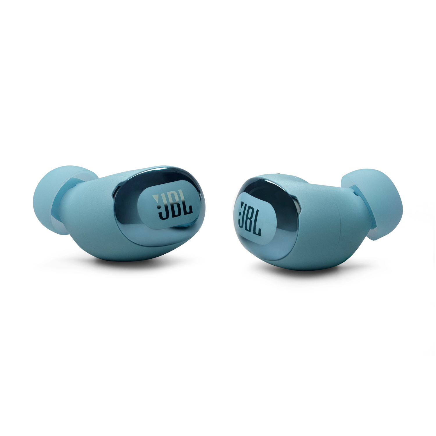 Two light blue JBL earbuds with the JBL logo visible.
