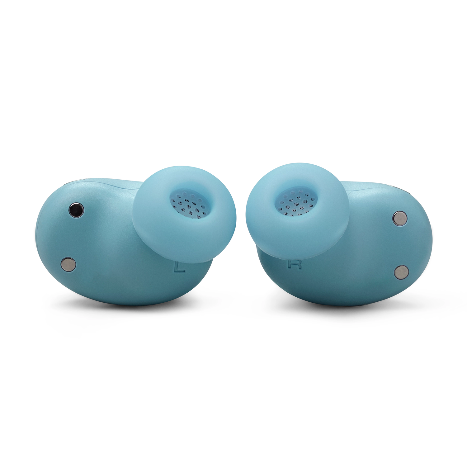 Two blue JBL earbuds, showing the ear tips. The letters L and R are visible on the earbuds.