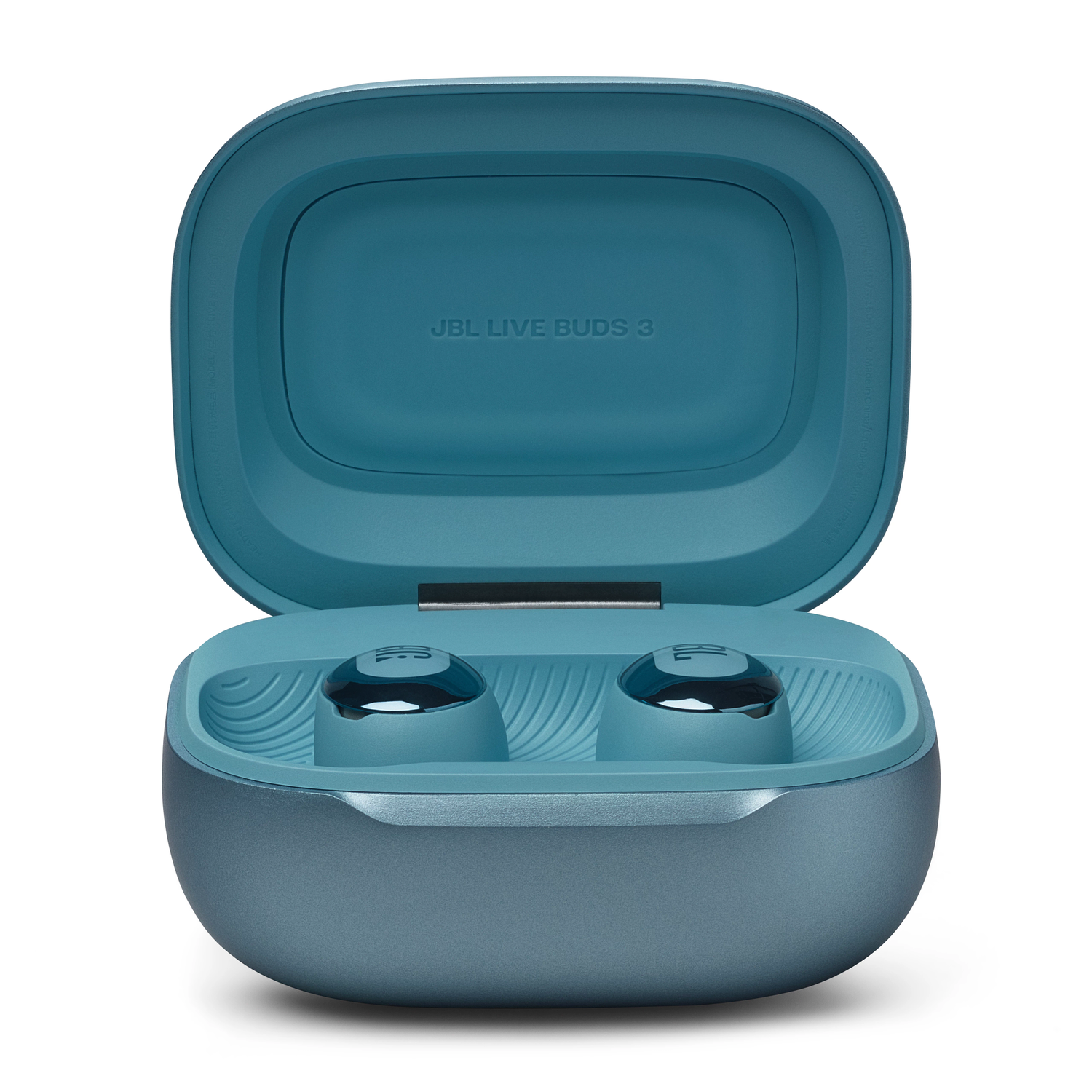 Open teal charging case with two silver earbuds inside. The lid has JBL LIVE BUDS 3 in white text.