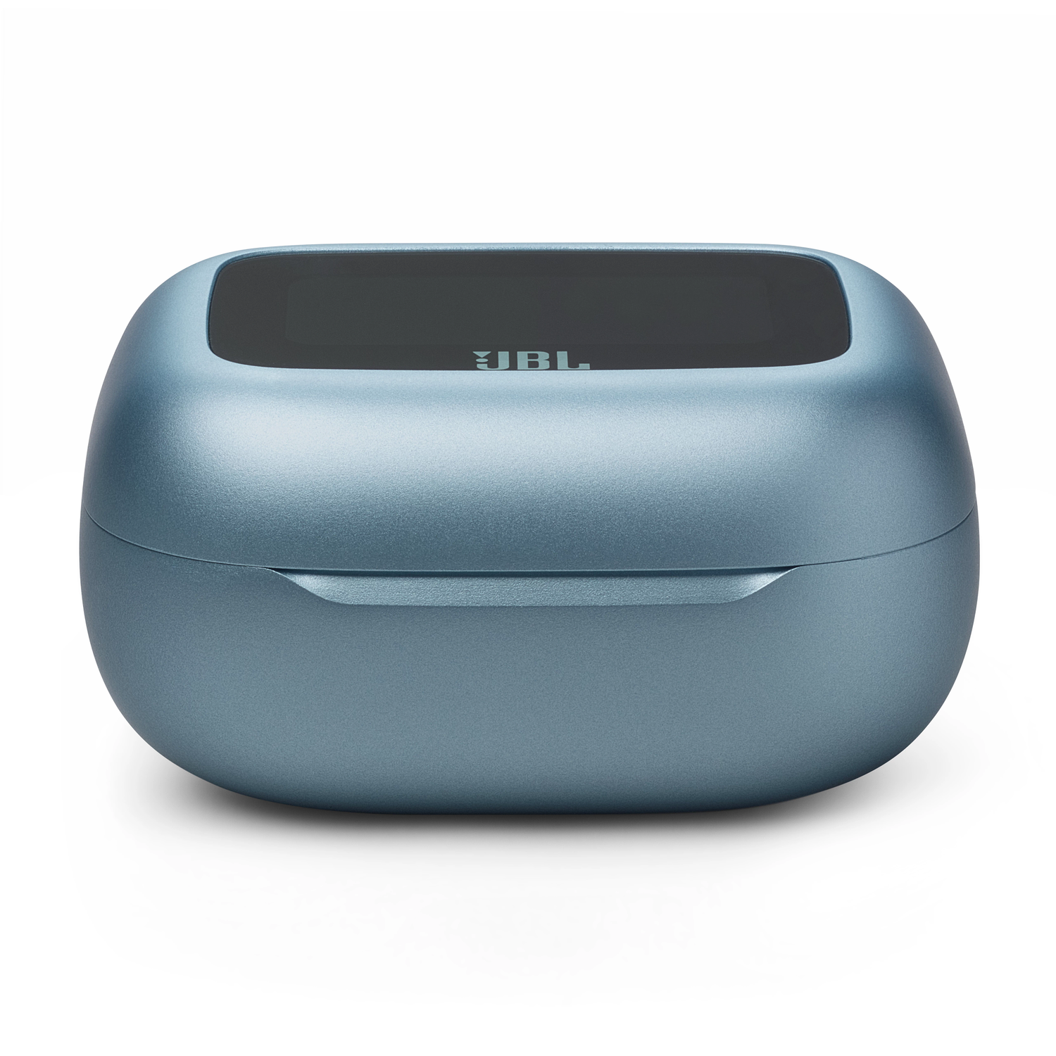 Blue JBL earbuds case with the JBL logo.