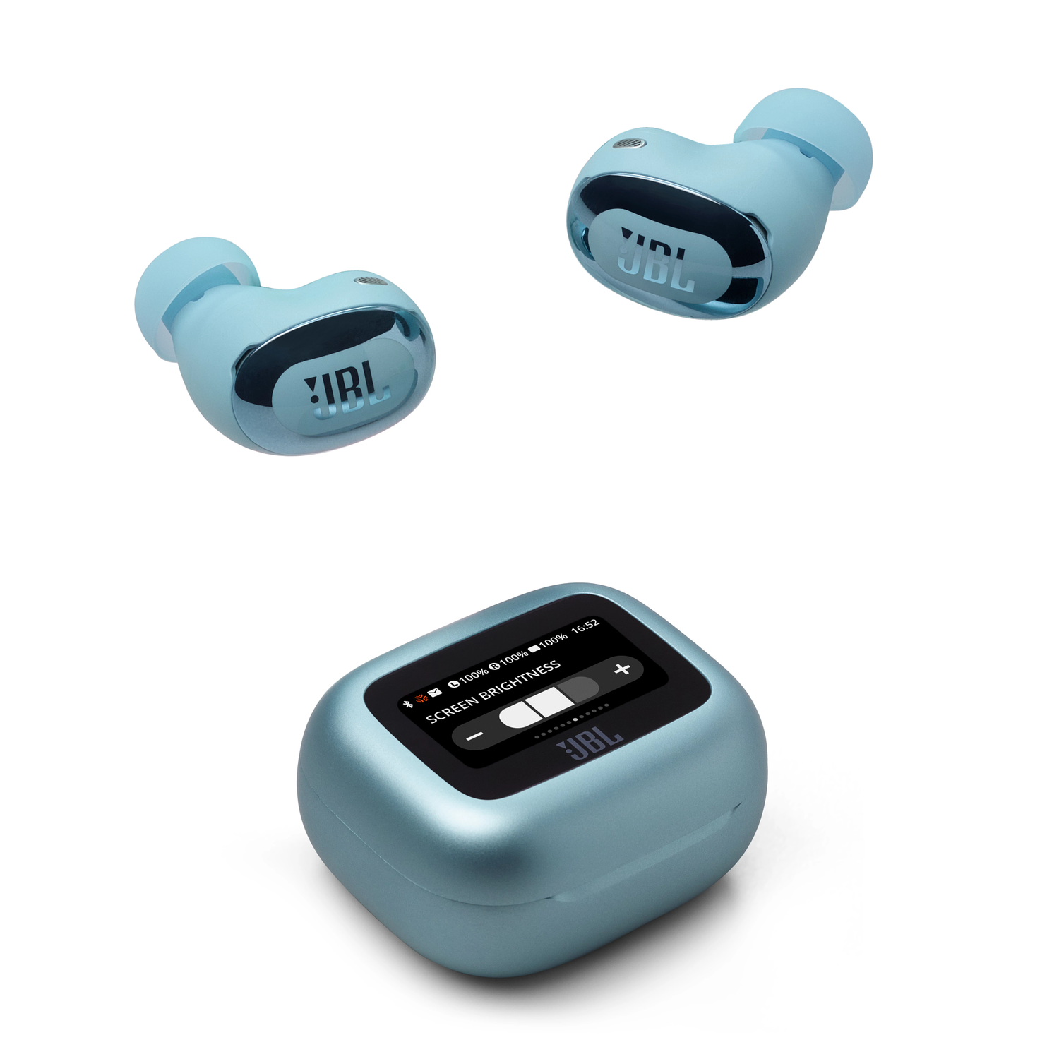 Three blue JBL earbuds and charging case on white. The case shows a screen with brightness control.