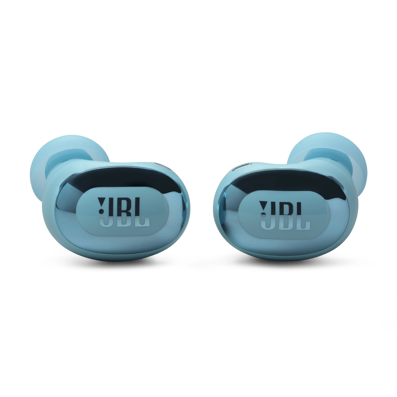 Two blue earbuds with the JBL logo, isolated on a white background, close-up view.