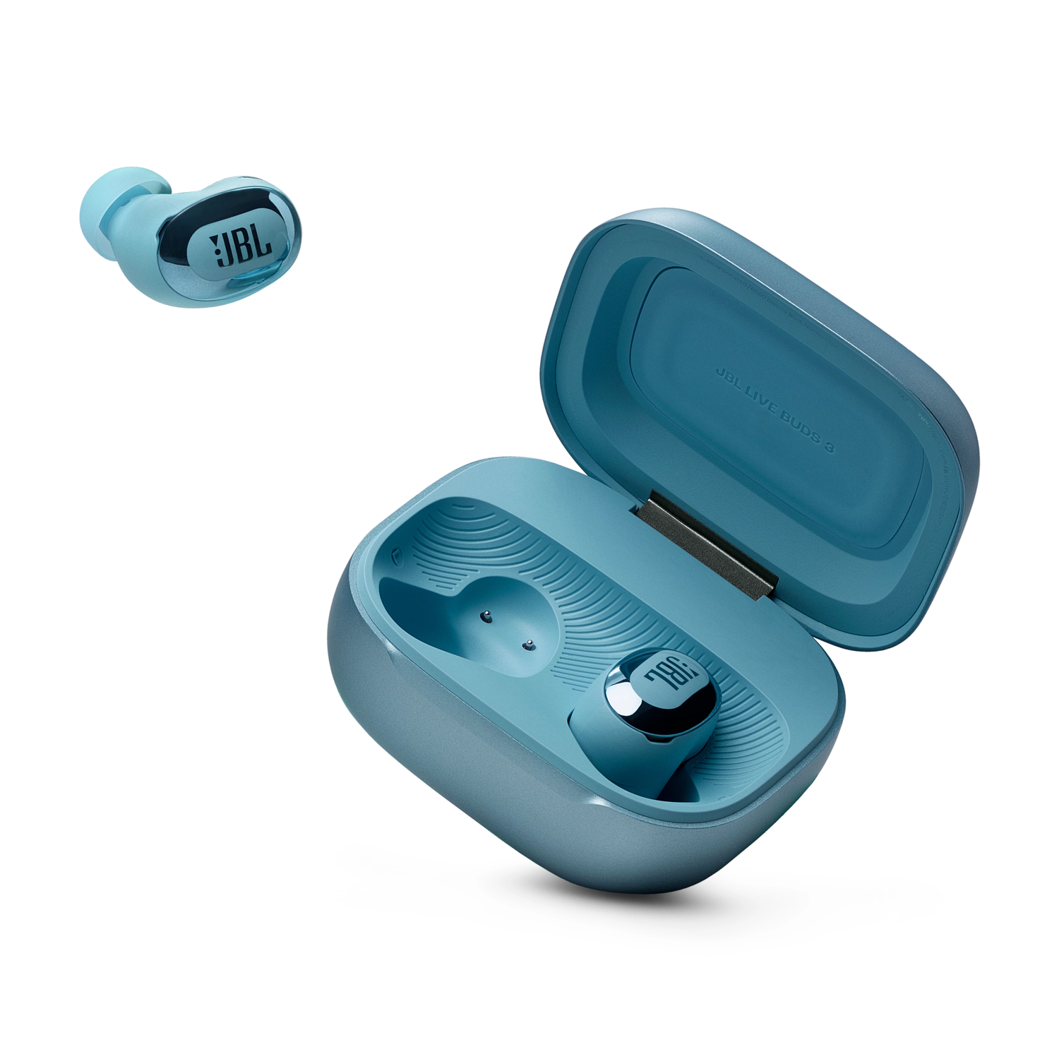 Blue earbuds in a case. One earbud is outside the case.