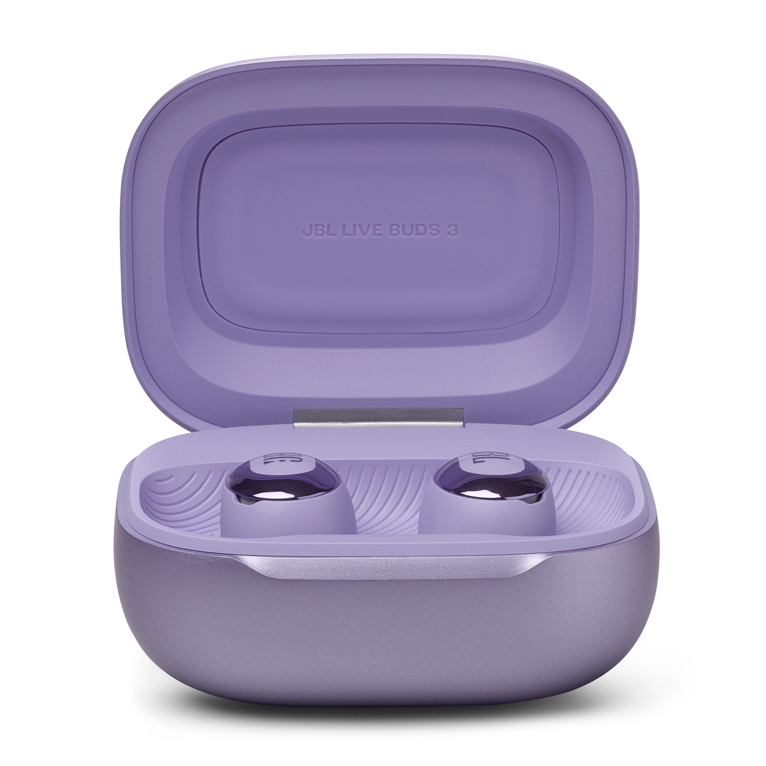 Purple earbuds in a purple charging case. The case is open, showing the earbuds.