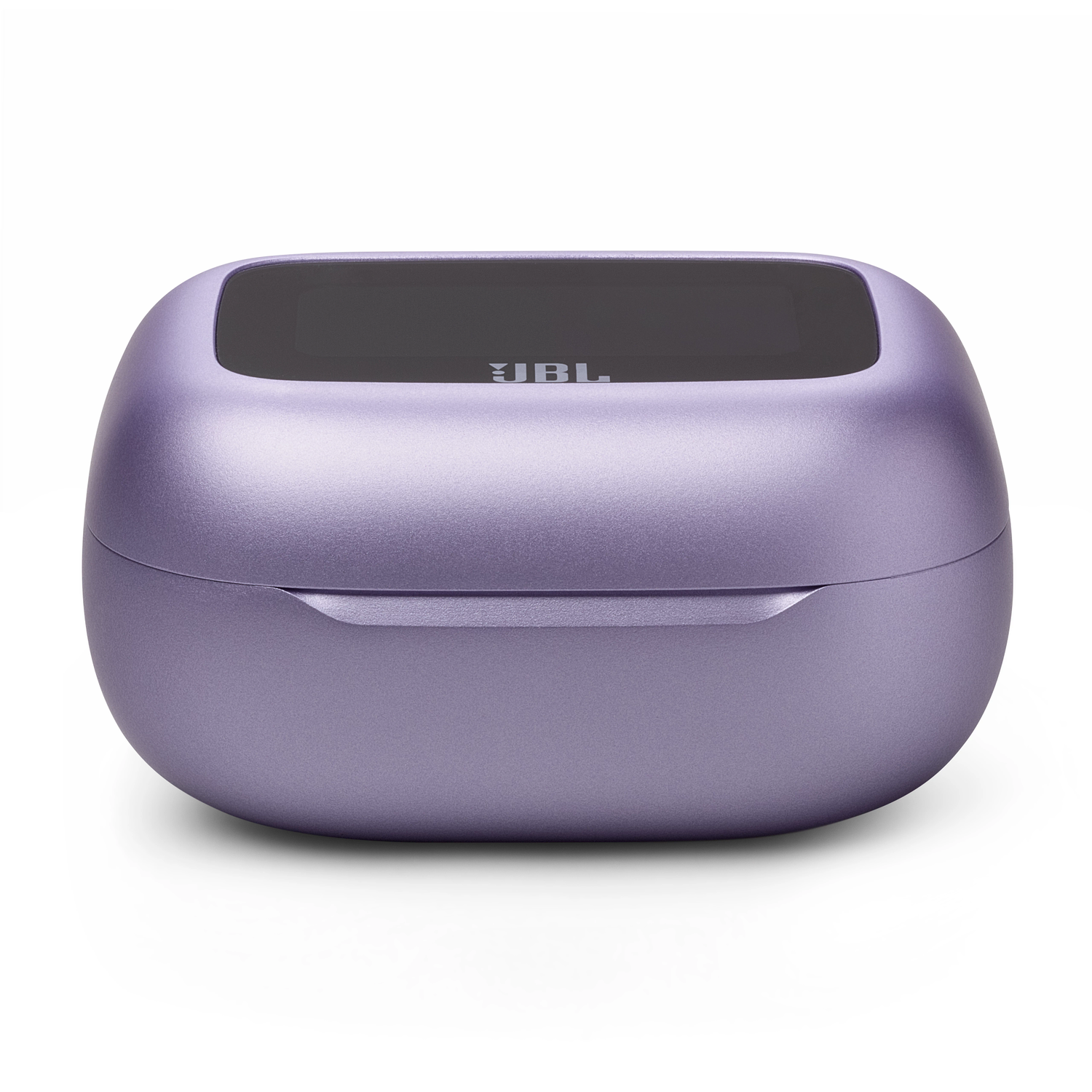 A closed, purple JBL charging case, with a dark top and the JBL logo.