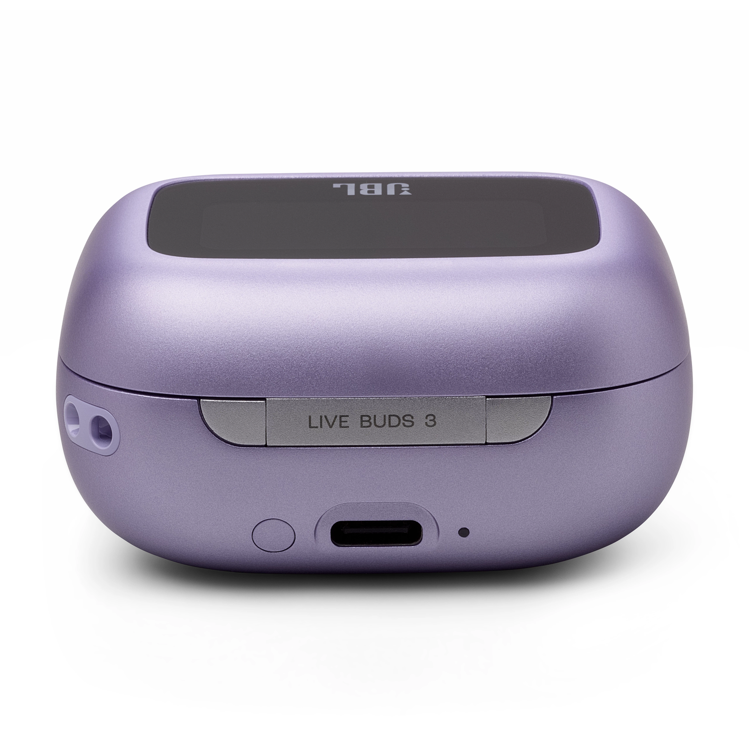 Purple charging case of JBL Live Buds 3 earbuds, with the brand name on top.