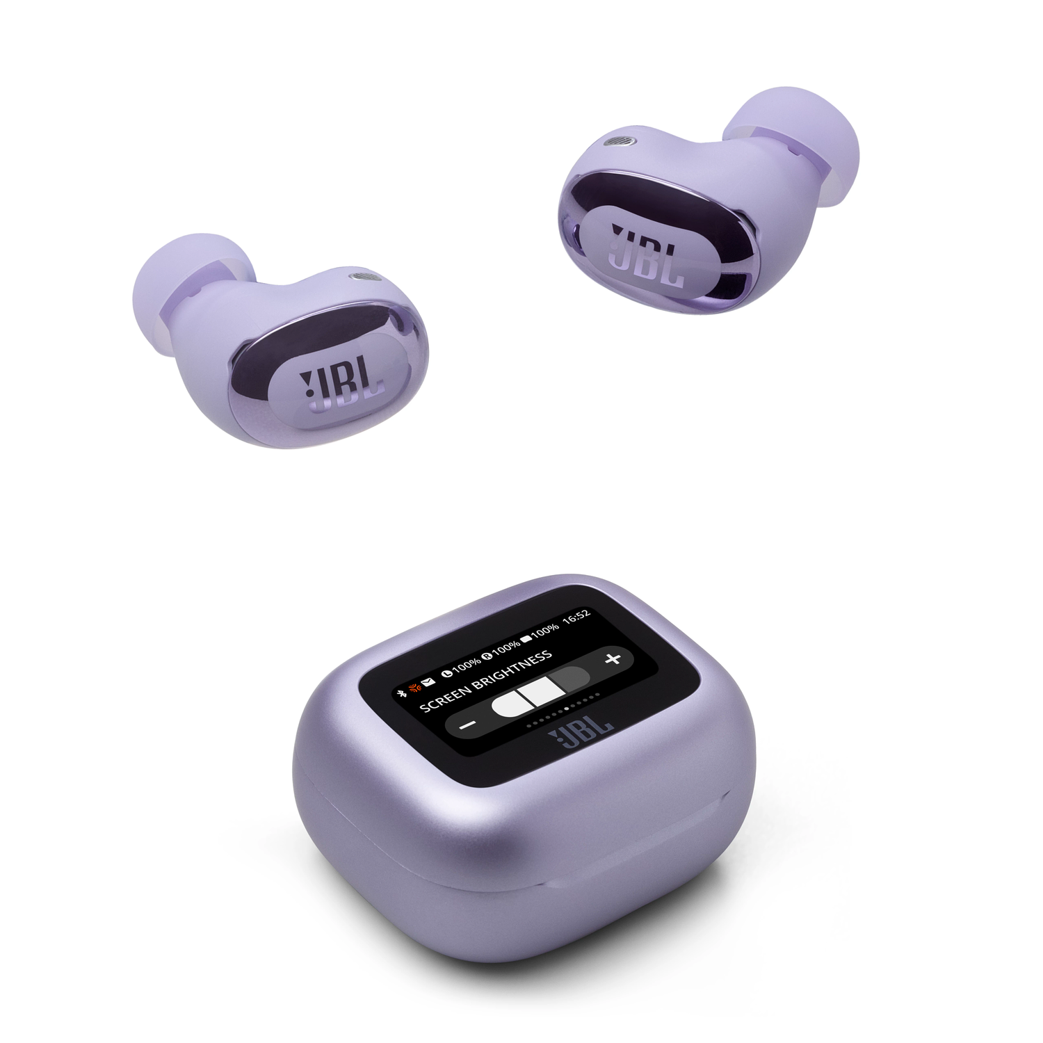Three lavender wireless earbuds and a charging case.