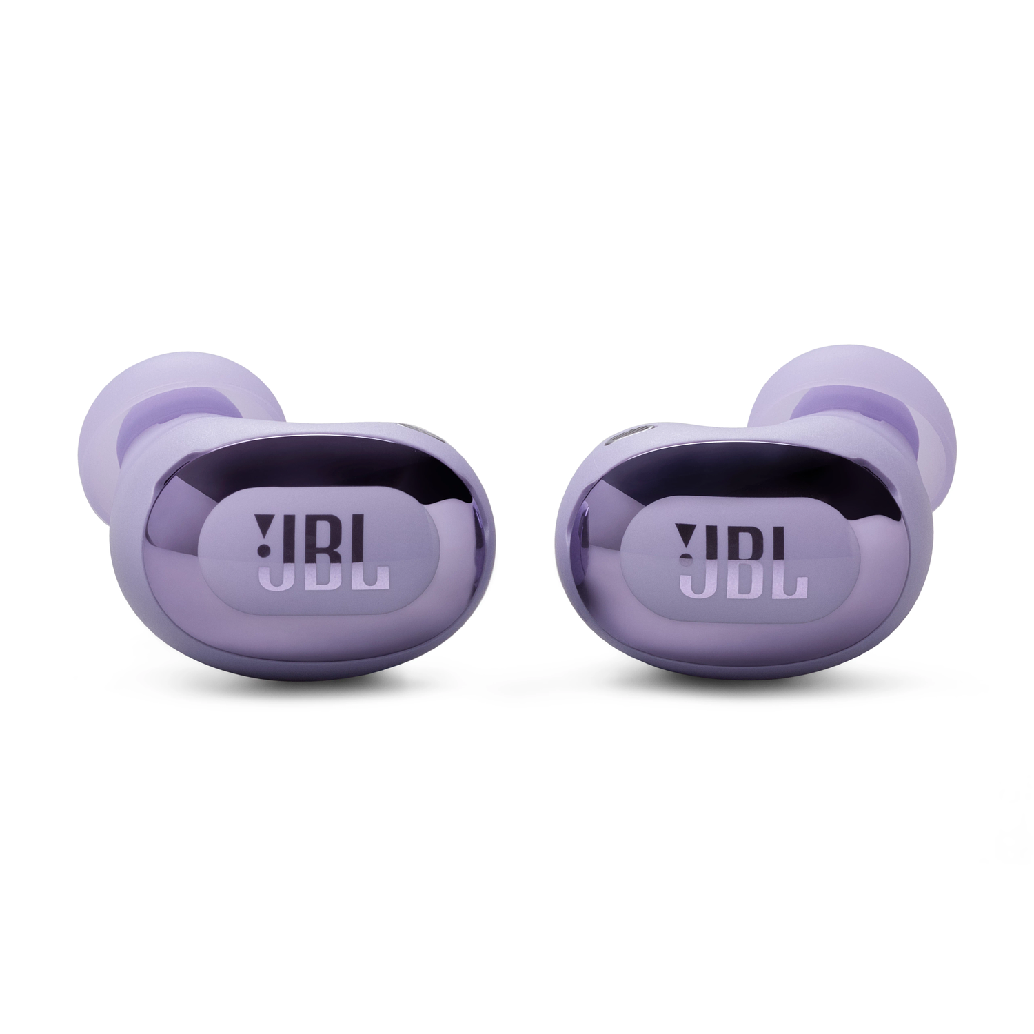 Purple JBL earbuds, shiny surface, white background, close up.