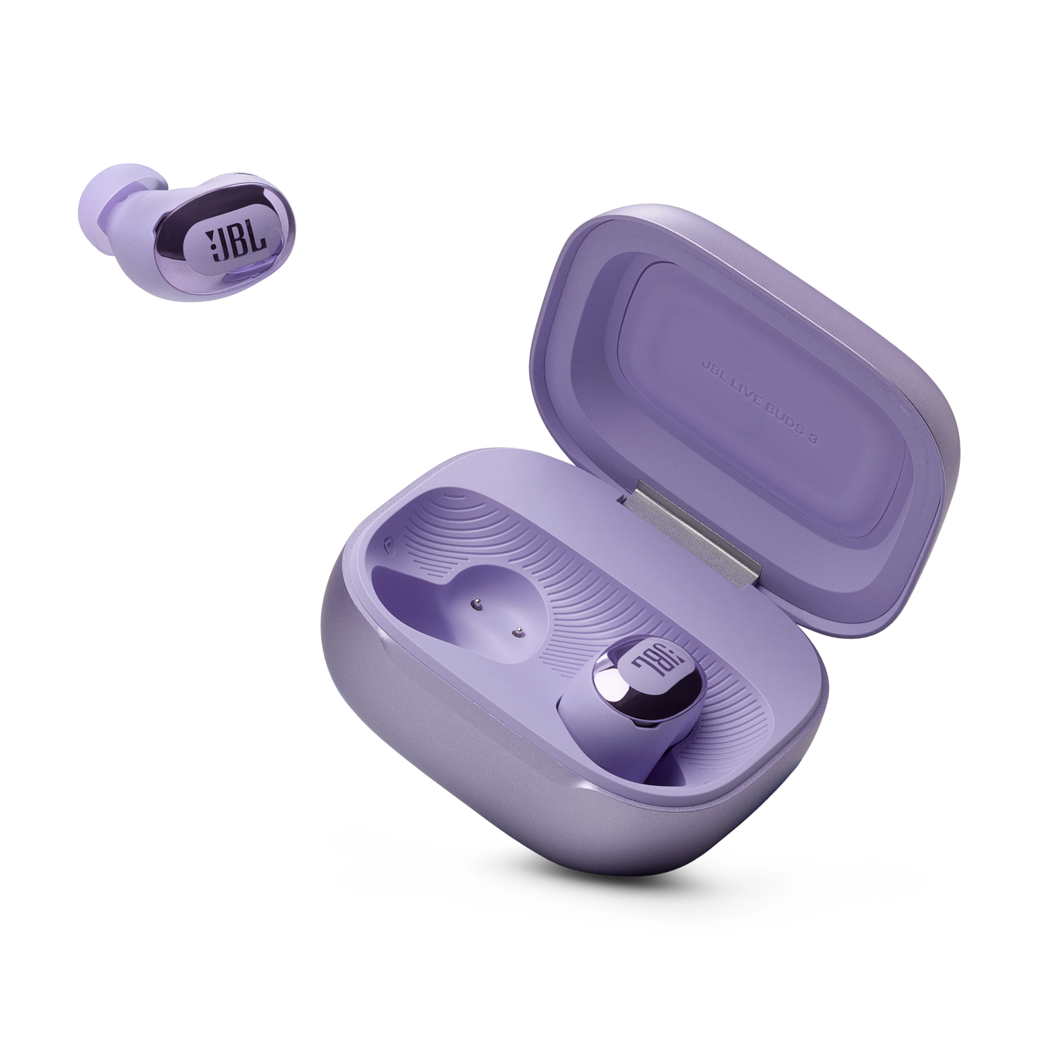 A pair of purple JBL earbuds and their charging case. The case is open, showing one earbud inside.