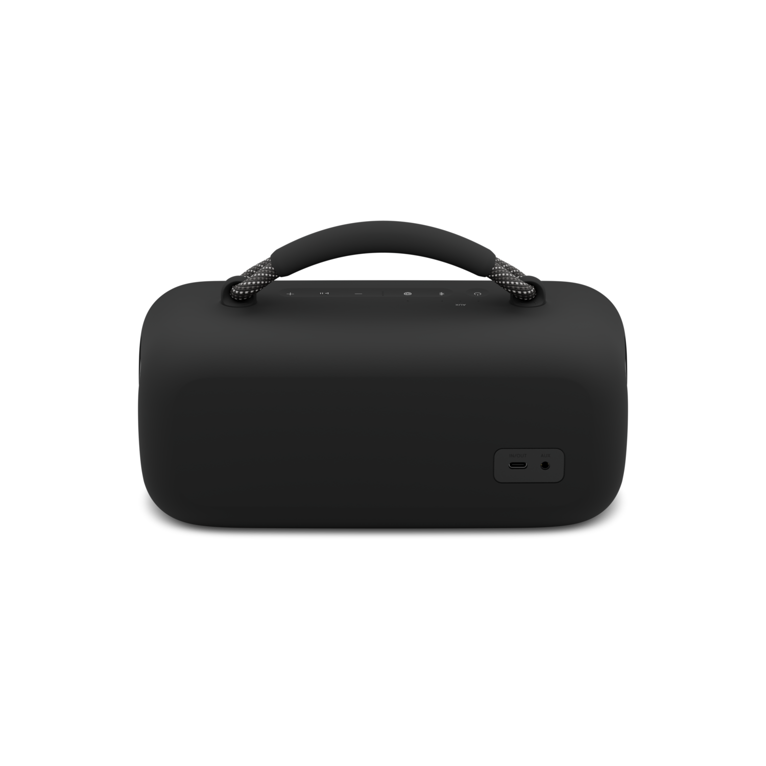 Black portable speaker with a handle, control buttons, and a USB-C port.
