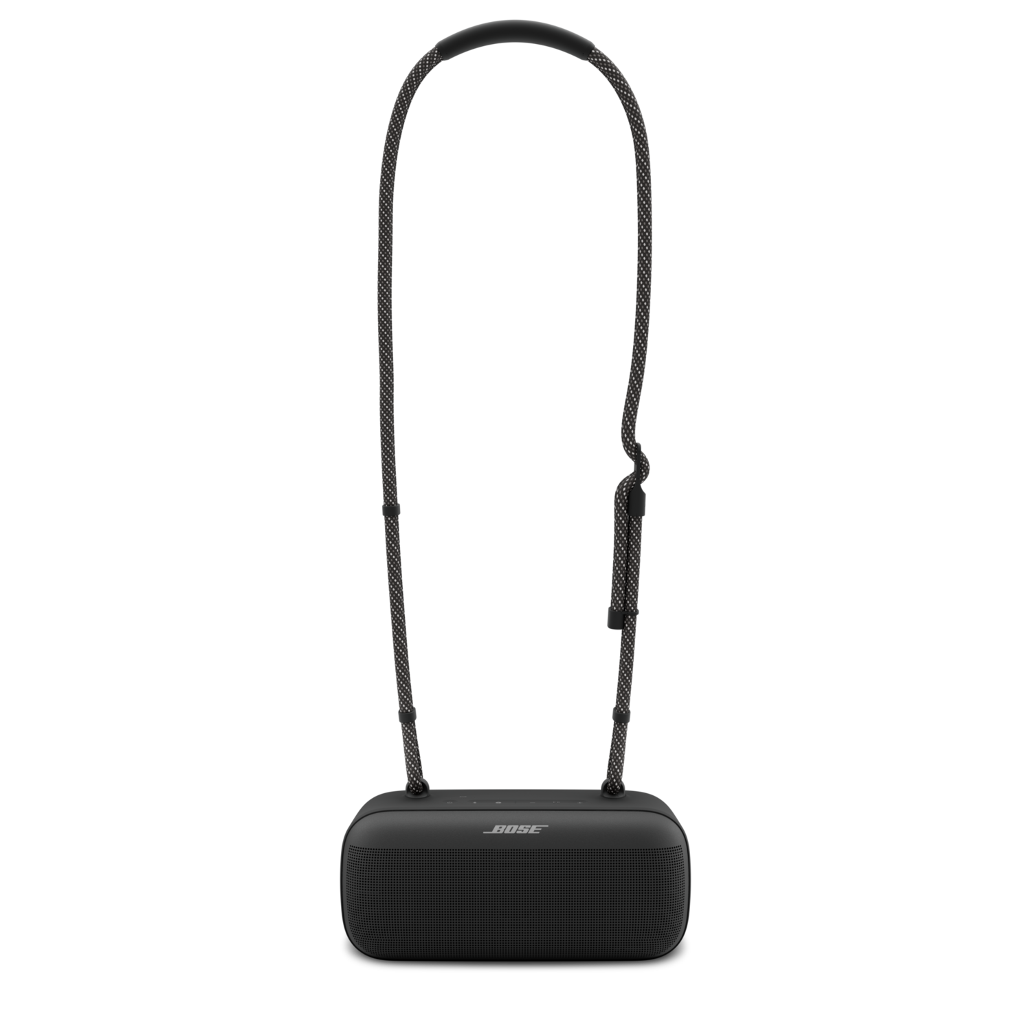 Black Bose speaker with a strap. It's rectangular with a mesh front, hanging against a black background.