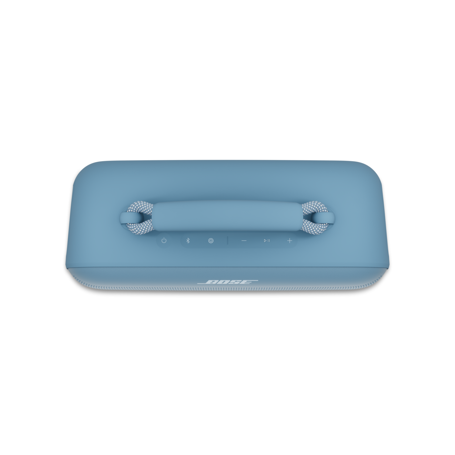 Een lichtblauwe Bose-luidspreker met een handvat. Er zitten knoppen op. Het Bose-logo is zichtbaar.
