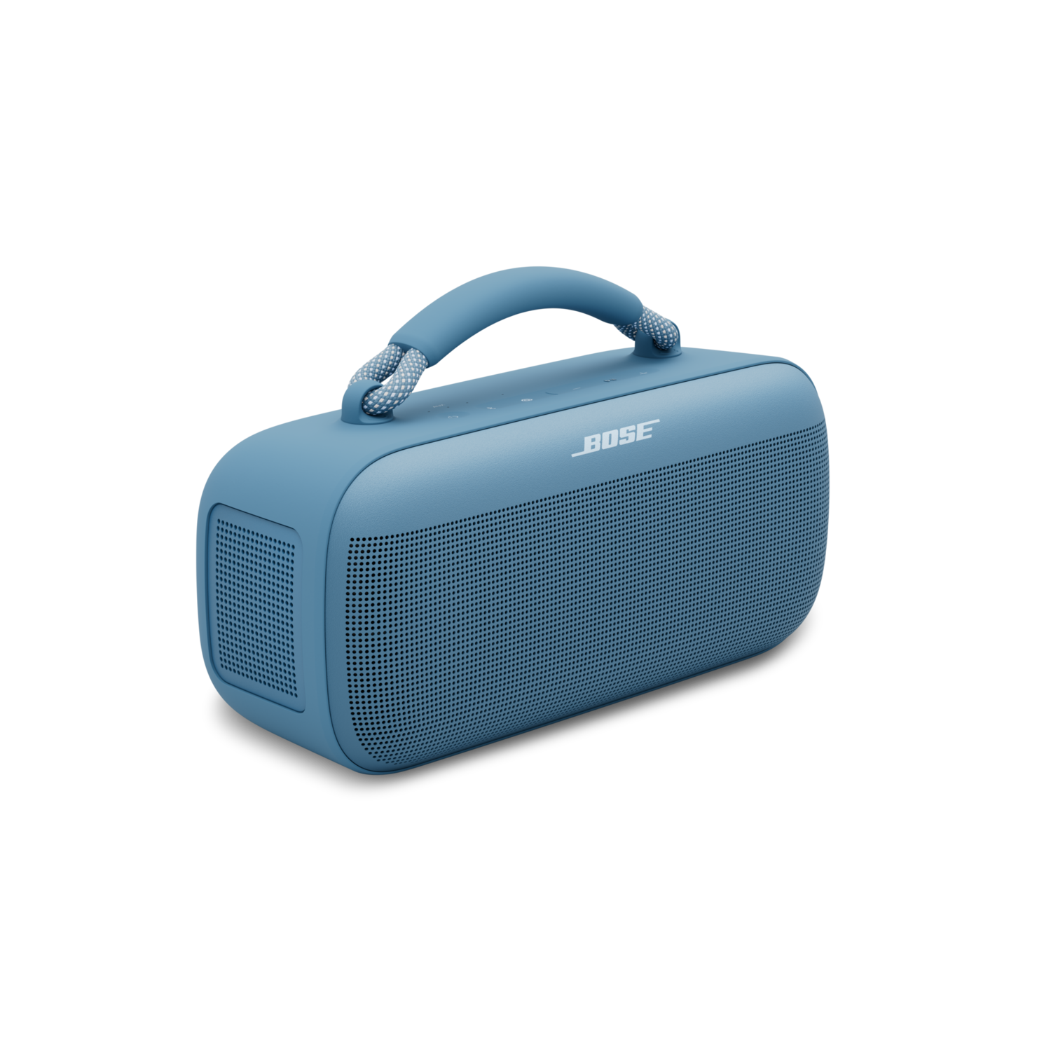 Blauwe draagbare luidspreker met een handvat, BOSE-logo vooraan en een zwarte achtergrond.