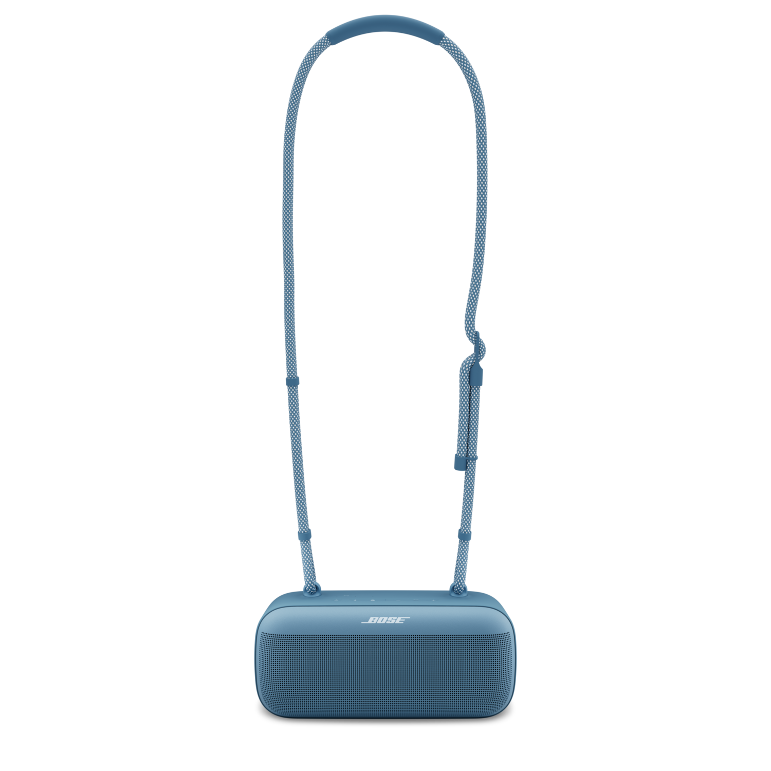 Blauwe Bose speaker met een blauwe band. De speaker is rechthoekig met een mesh voorkant.