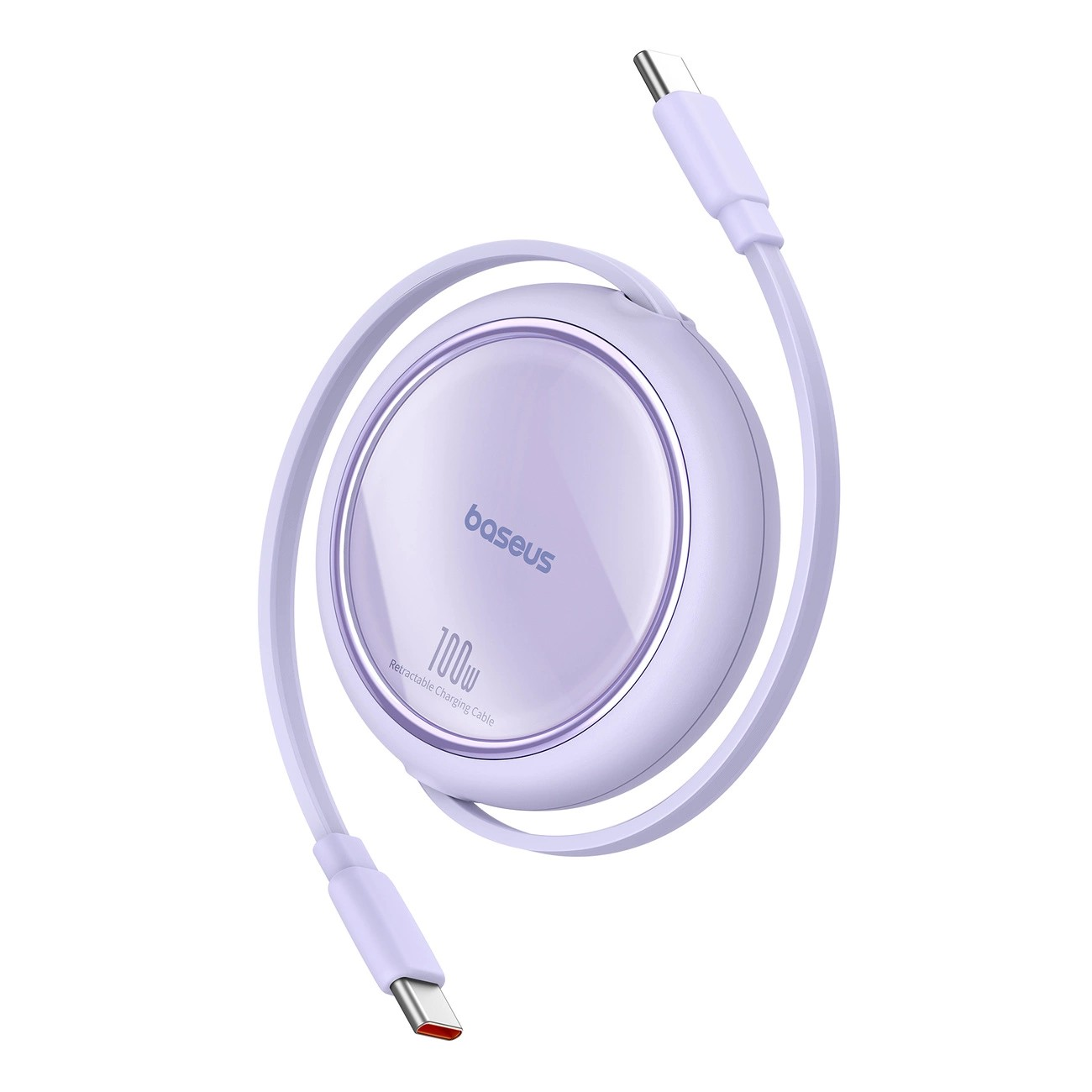 Mor Baseus 100W şarj kablosu. Dairesel merkez, USB-C konnektörlü iki uç.