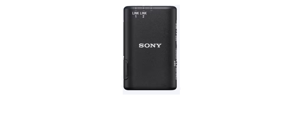 Siyah Sony ses alıcısı, yukarıdan görünüm. Sony logosu ve Link 1, Link 2 etiketleri var.