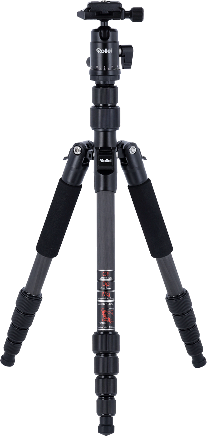 Schwarzes Rollei-Stativ. Es hat drei Beine und einen Kopf zur Befestigung einer Kamera.