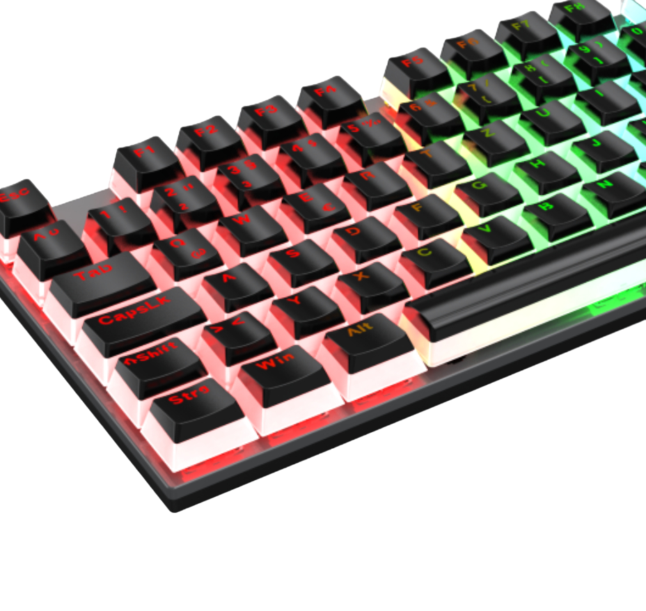 Nahaufnahme einer mechanischen Tastatur mit hintergrundbeleuchteten Tasten in verschiedenen Farben.