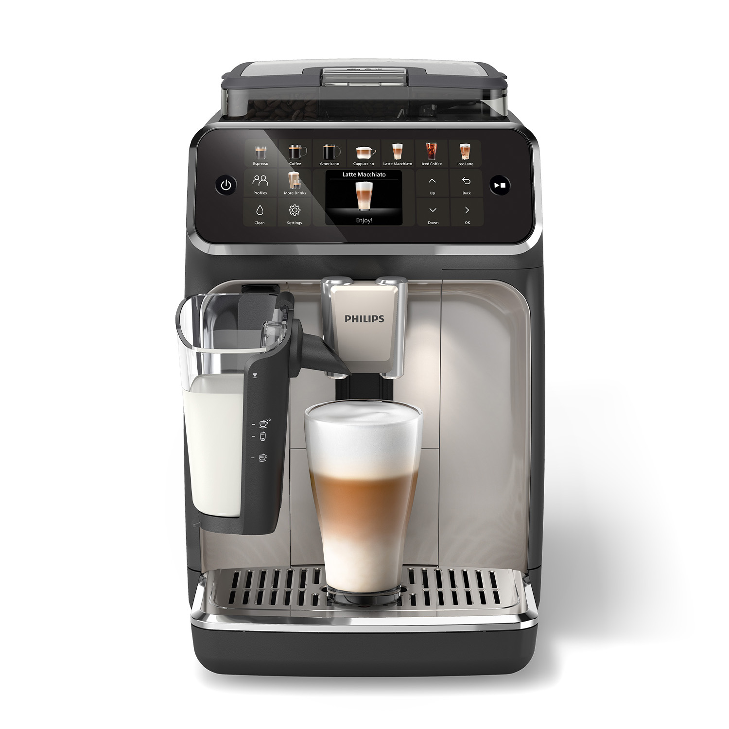 Una macchina per caffè Philips nera e argento con un bicchiere di latte macchiato.