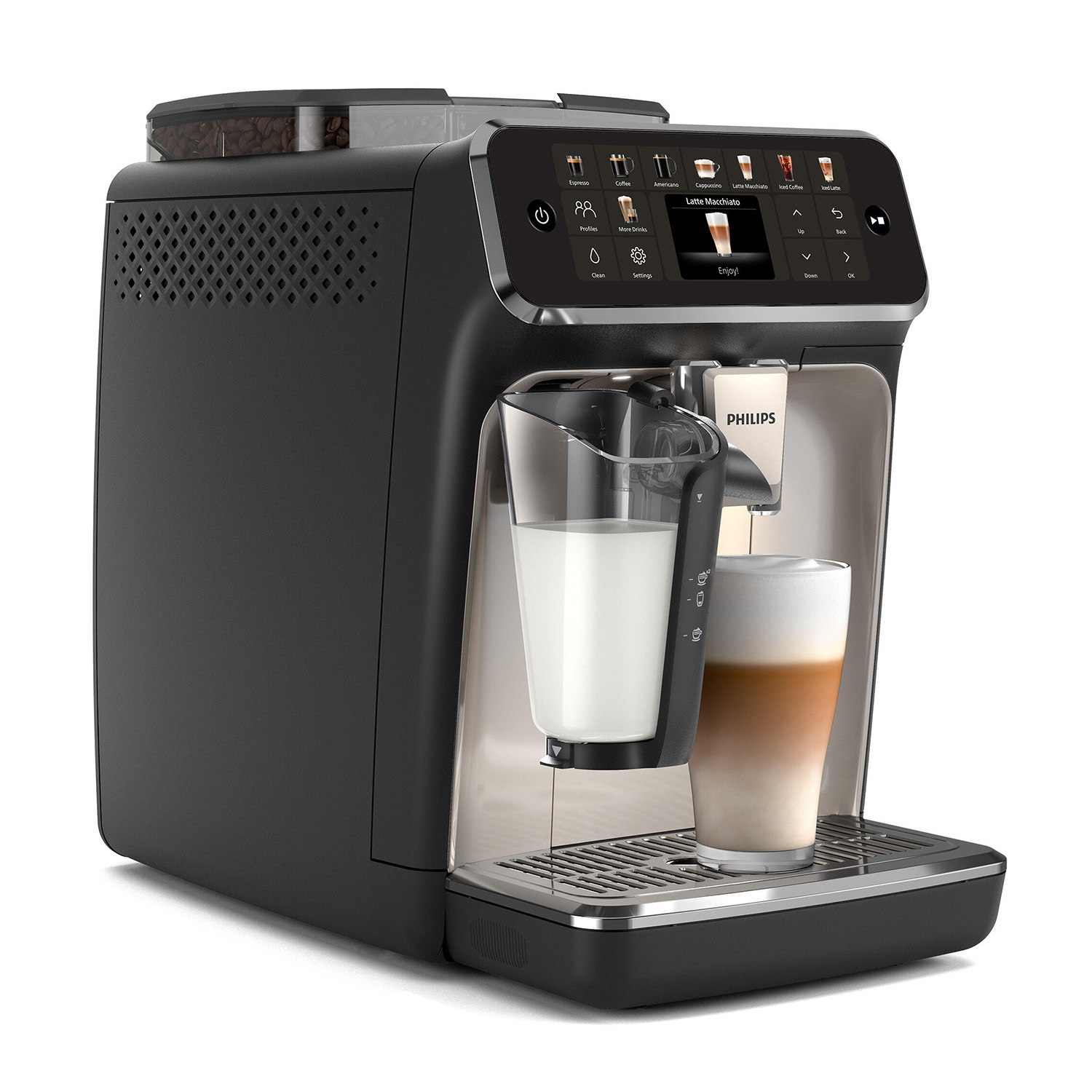 Una macchina da caffè Philips nera e argento.
