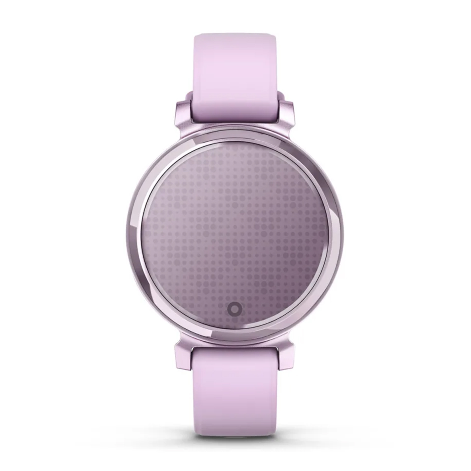 Smartwatch rosa con schermo circolare e cinturini rosa su sfondo bianco.