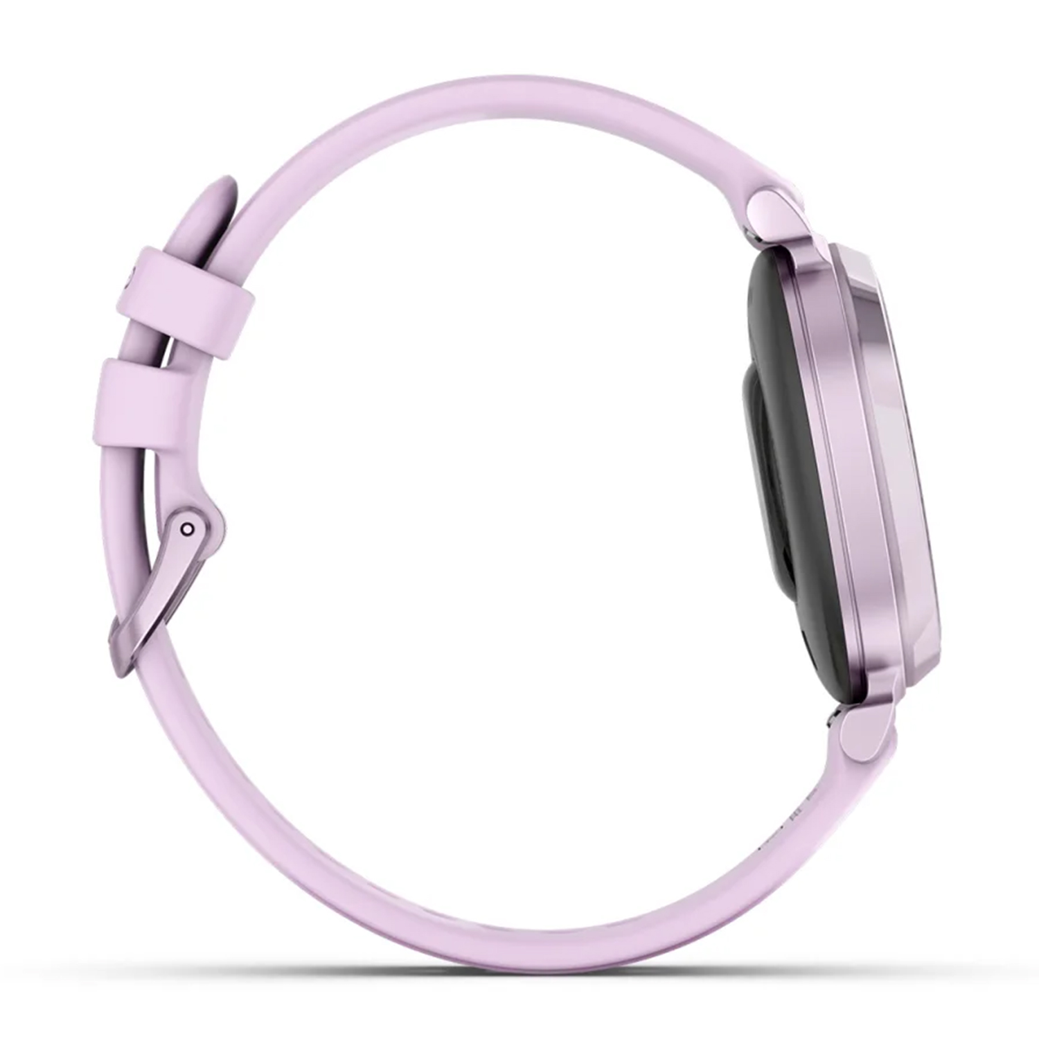 Vista laterale di uno smartwatch rosa con cinturino rosa. Il quadrante è nero.