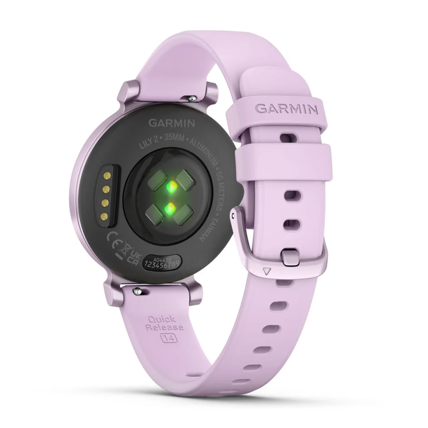 Uno smartwatch Garmin Lily, vista posteriore. È di colore viola chiaro con un cinturino viola.
