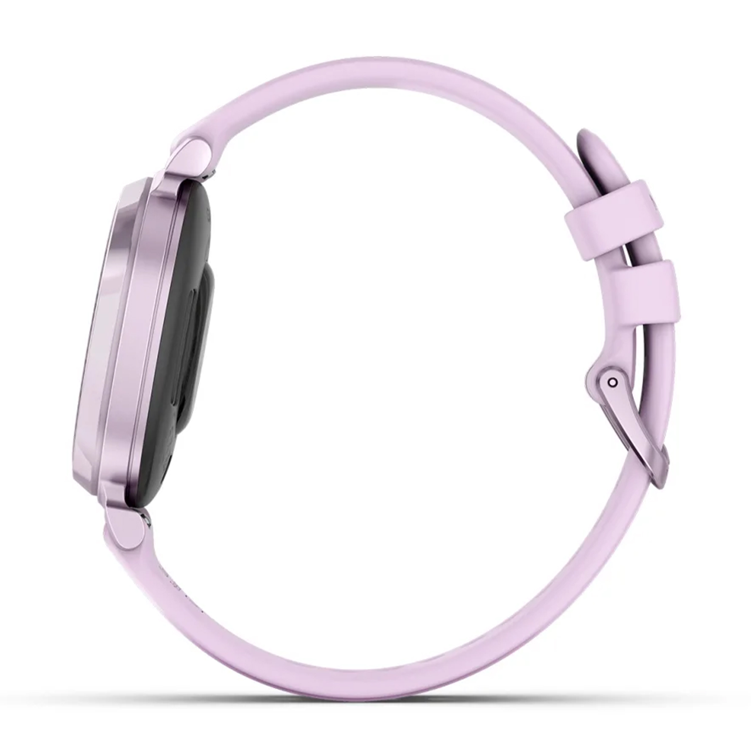 Una vista laterale di uno smartwatch rosa con un cinturino rosa chiaro.