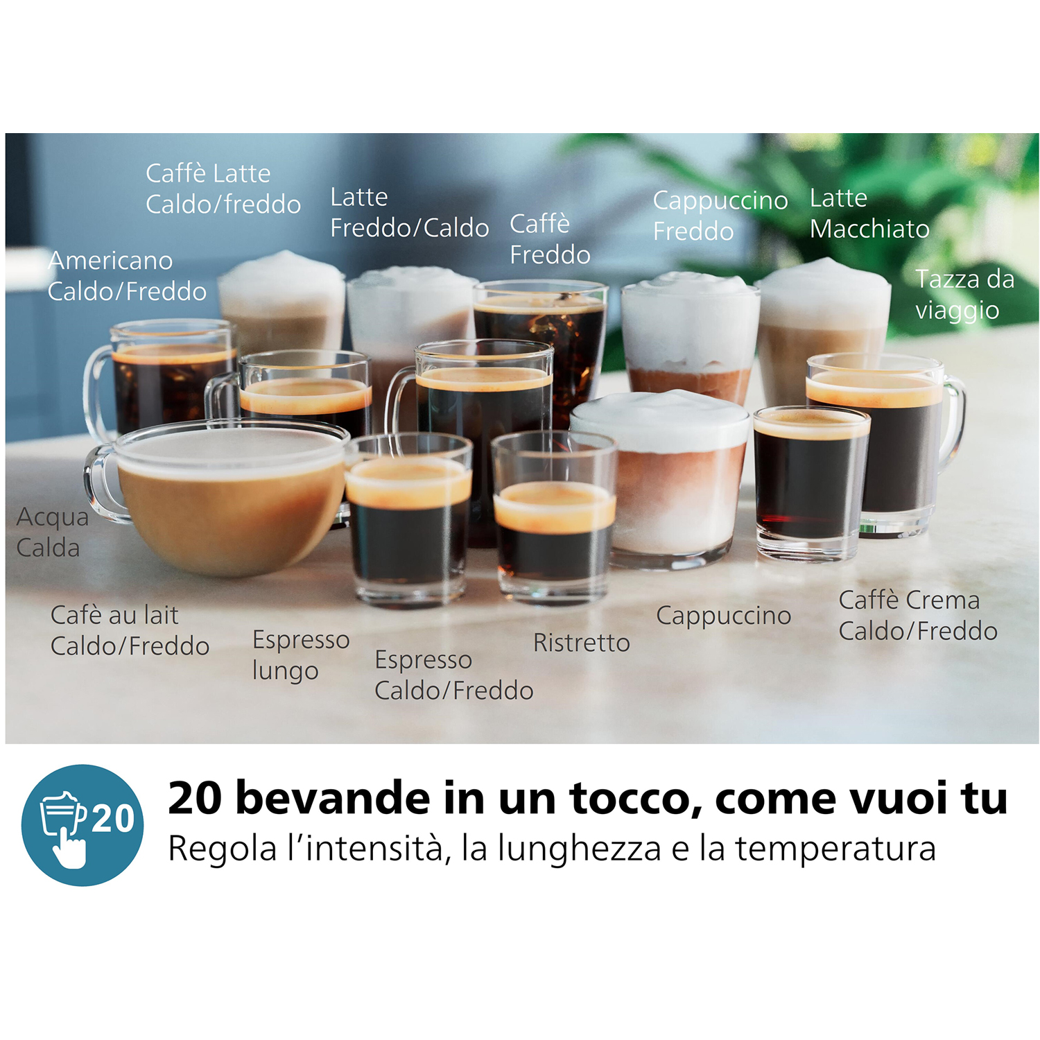Un diagramma di bevande al caffè, disposto a griglia, con testo in italiano. Vengono utilizzate tazze di vetro trasparente.