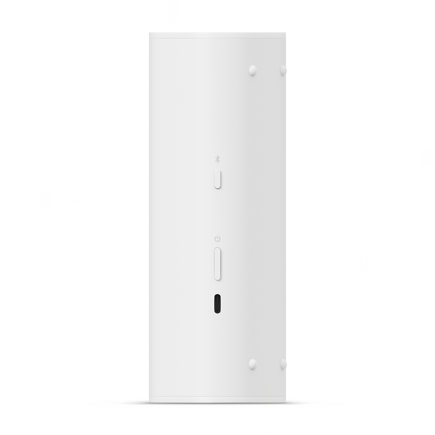 Un altoparlante bianco con pulsanti e una porta sul retro, su sfondo bianco.