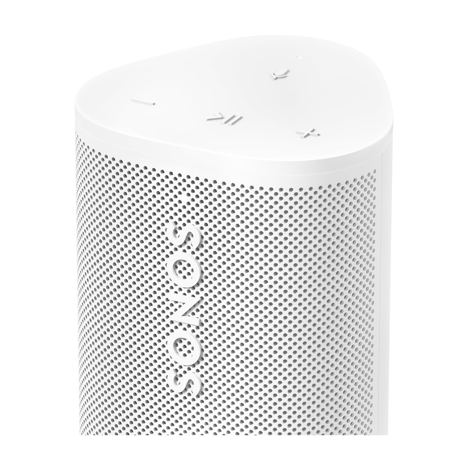 Altoparlante Sonos bianco con superficie perforata. La vista dall'alto mostra i pulsanti di controllo.