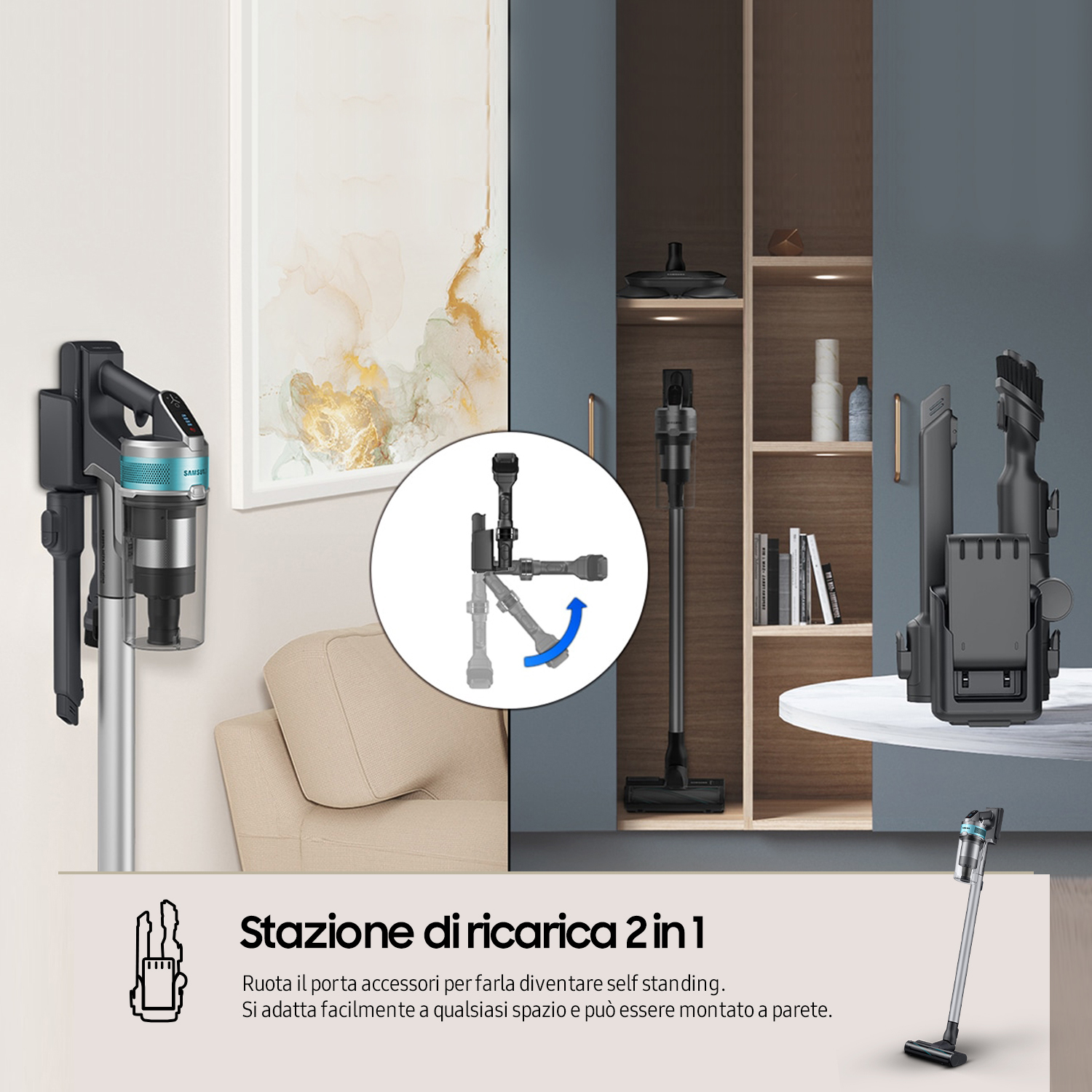Una stazione di ricarica 2-in-1 che mostra un aspirapolvere e gli accessori, con un'infografica.