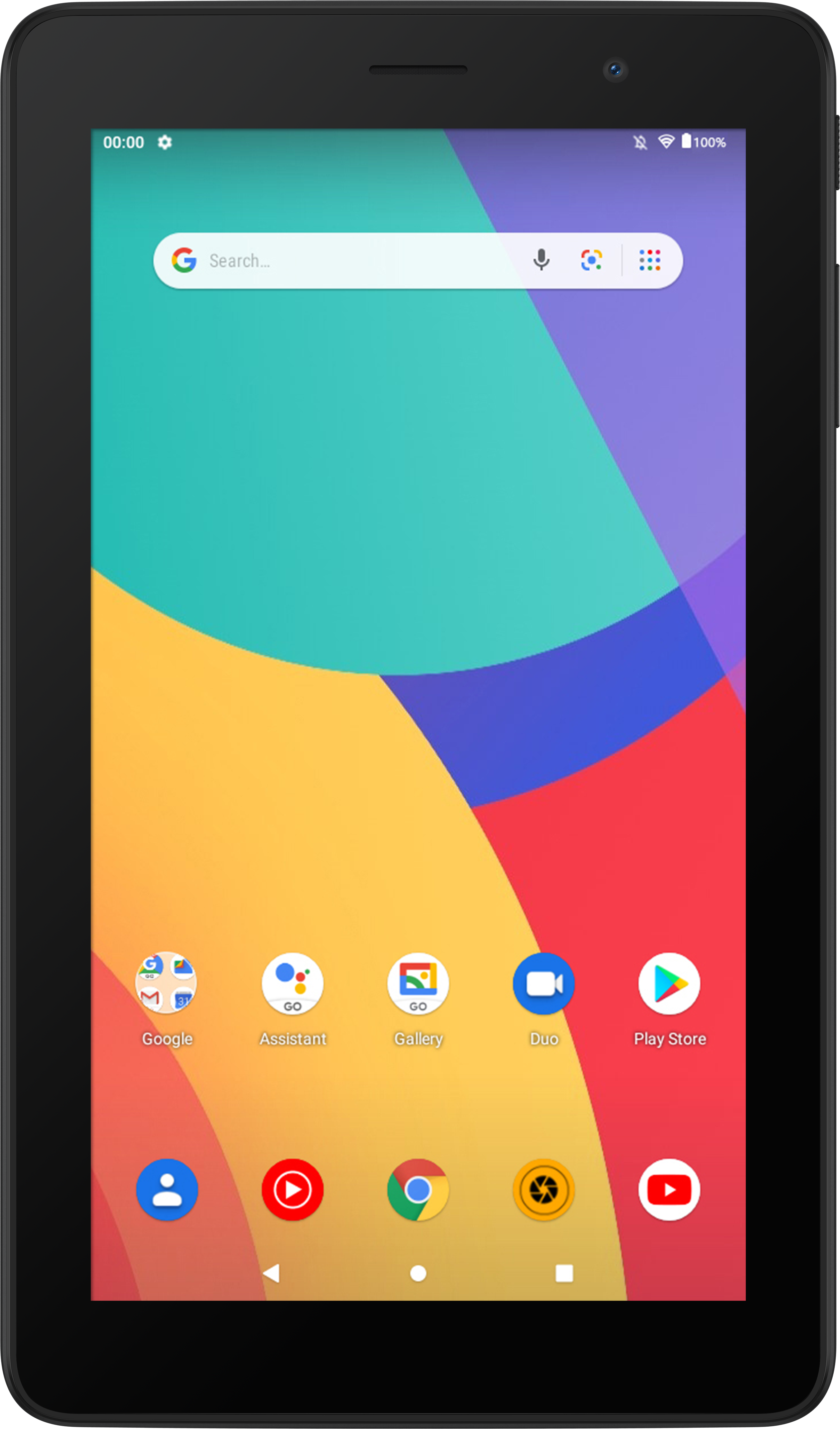 Tablet nero con interfaccia colorata sullo schermo. Diverse icone di app visibili.