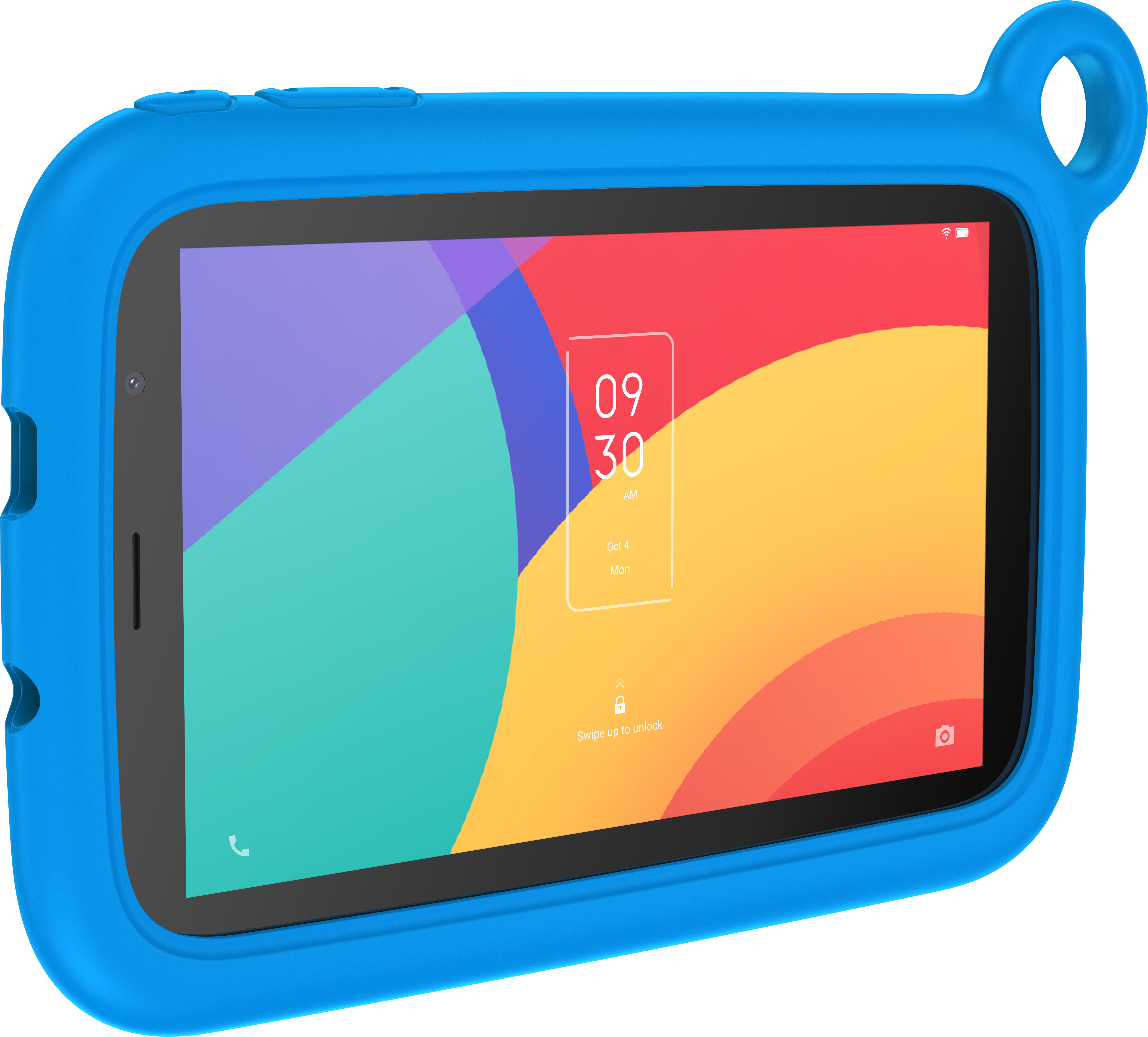 Tablet blu in custodia blu. Mostra l'ora e uno sfondo colorato.
