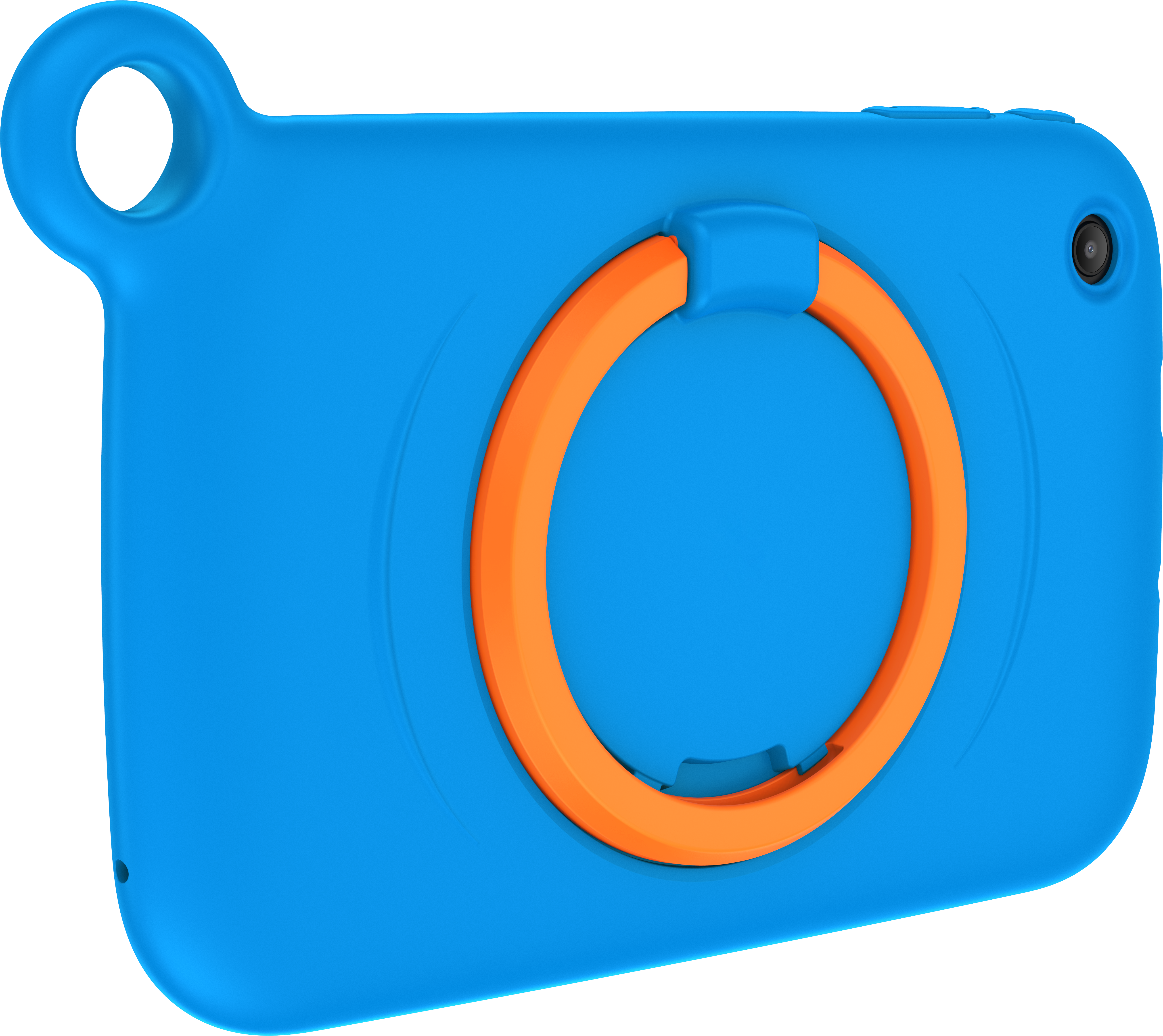 Fotocamera blu, maniglia ad anello arancione. Obiettivo nero. Sfondo bianco.