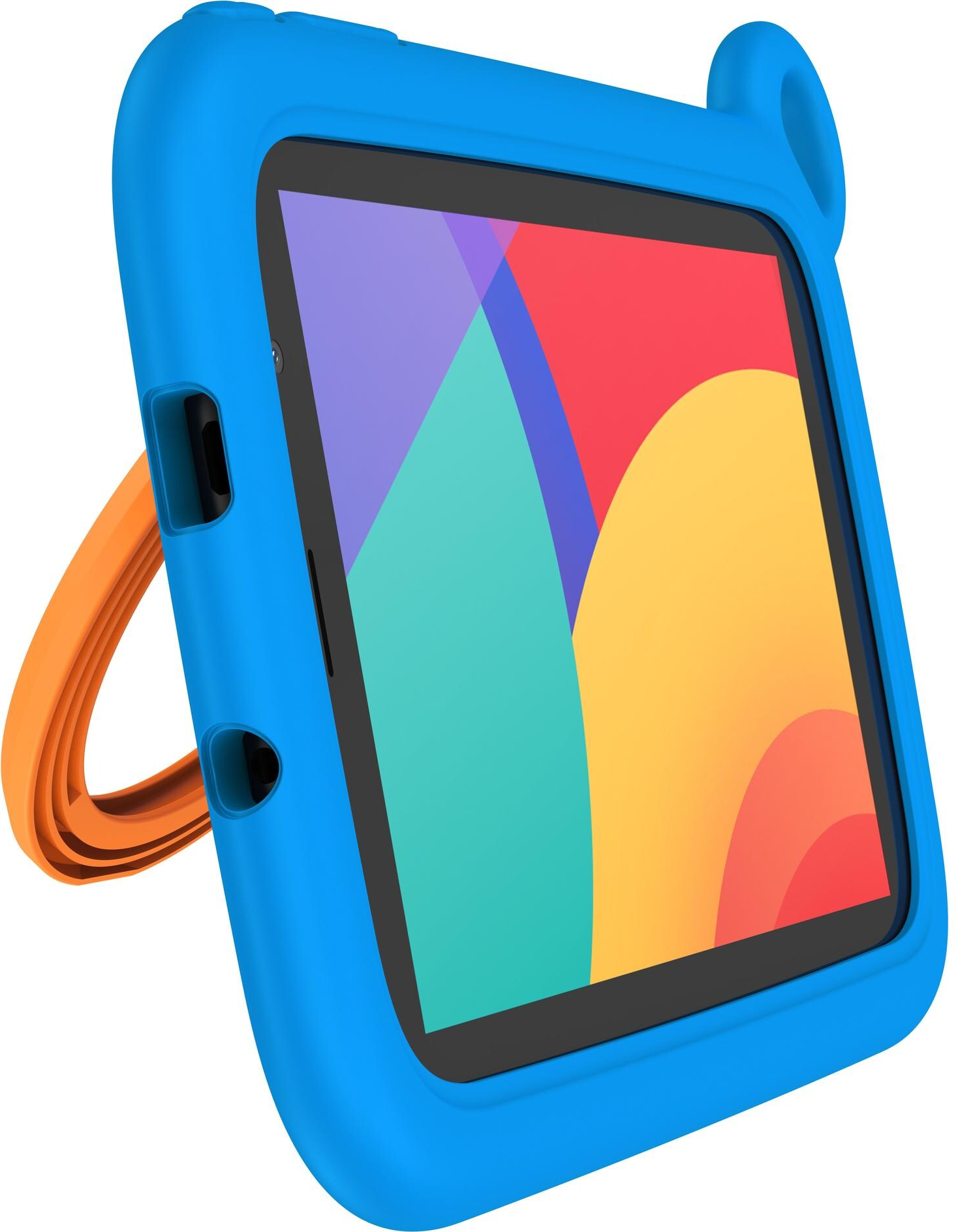 Tablet blu con manico arancione, mostra schermo colorato. Design per bambini.
