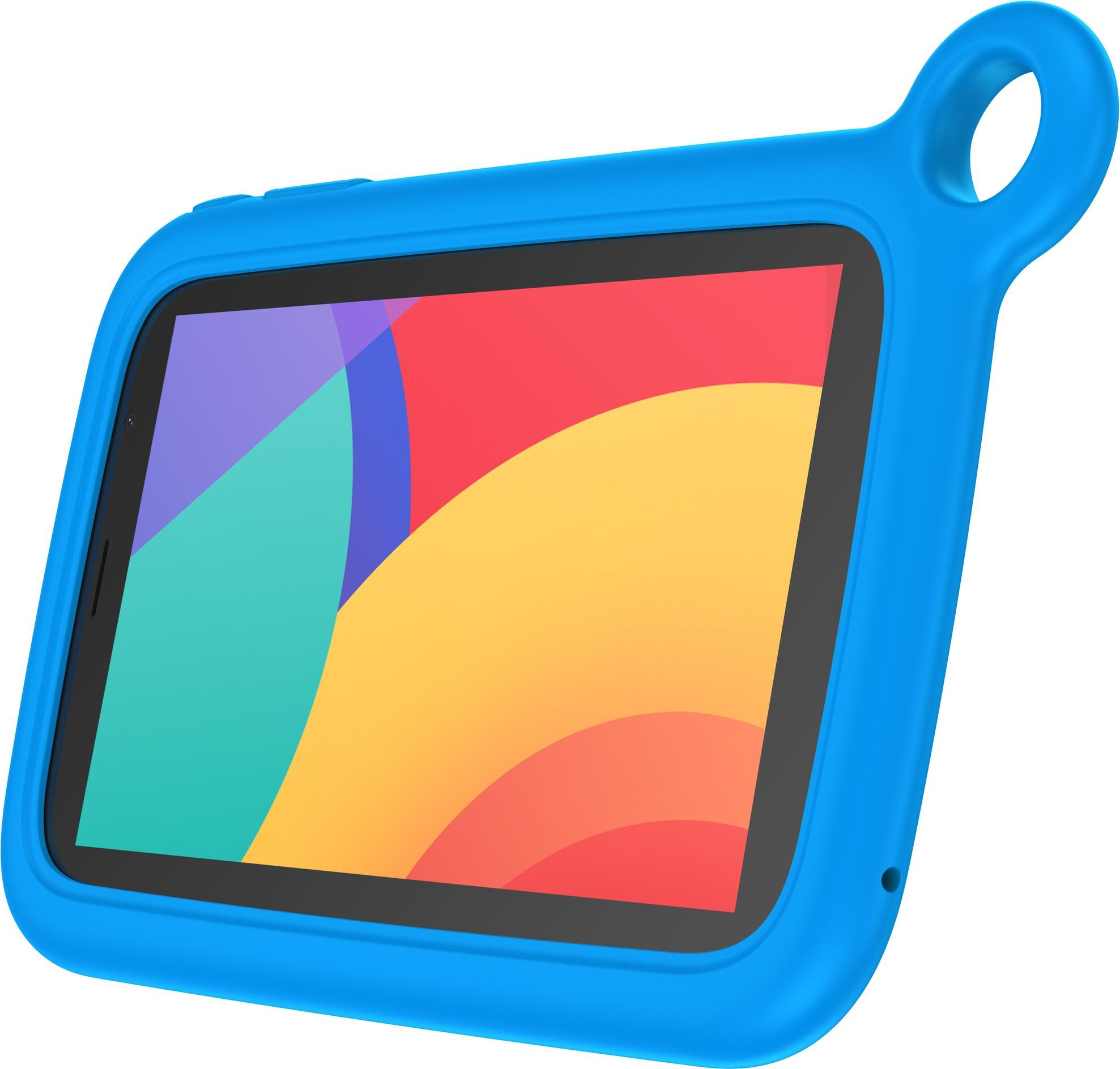 Un tablet blu in una custodia protettiva, con un display colorato e una maniglia.