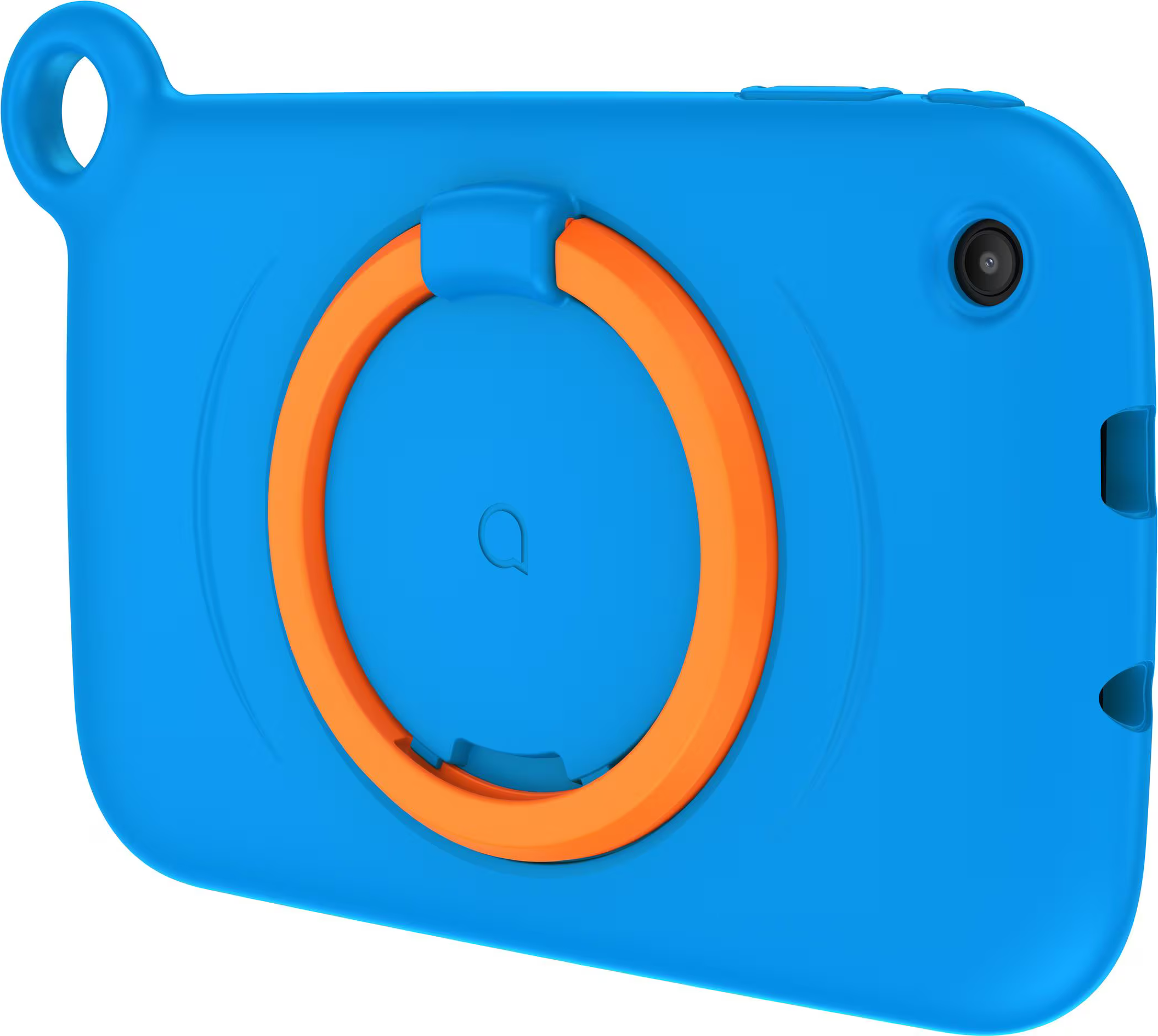 Fotocamera blu con anello arancione, pulsante arancione e obiettivo sul retro, isolata.