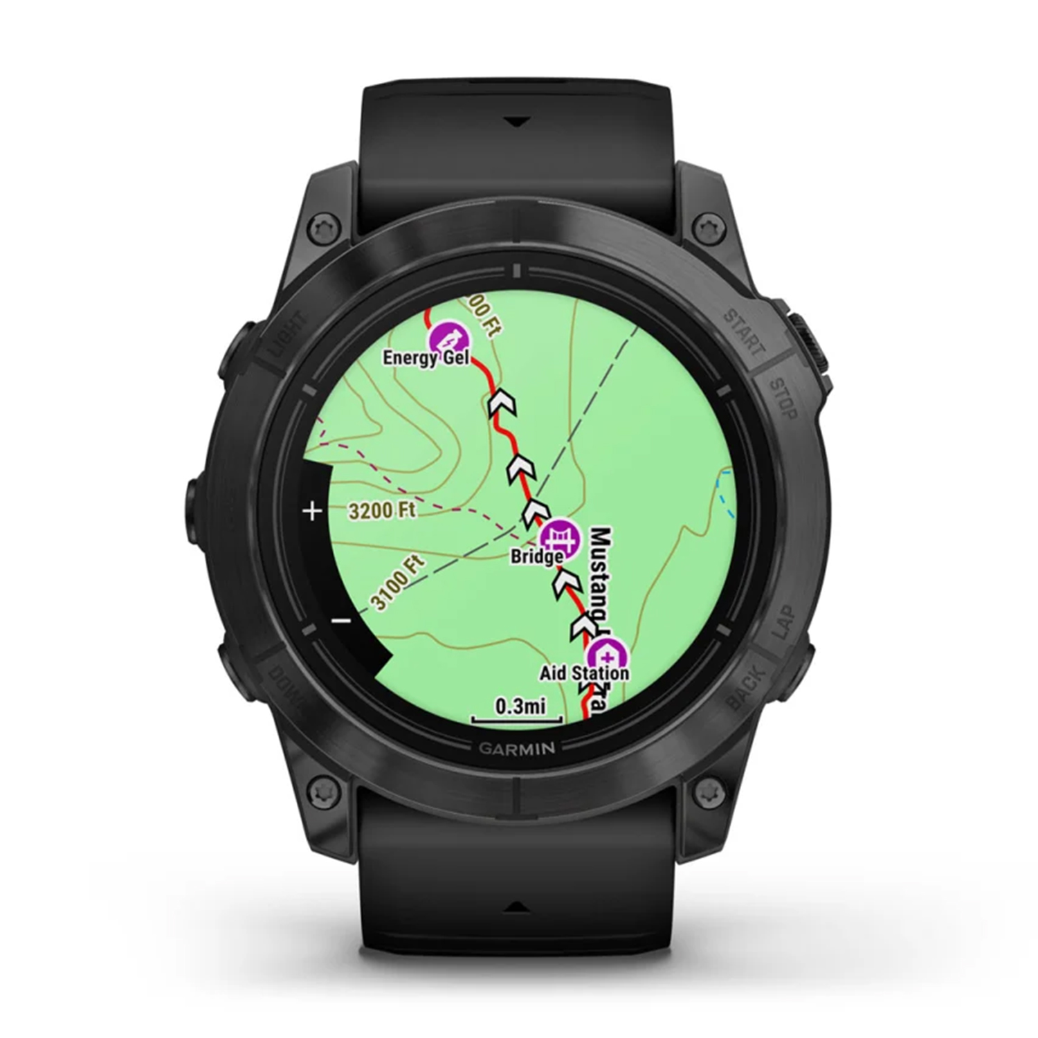 Smartwatch Garmin nero che mostra una mappa con un percorso. L'orologio ha pulsanti e cinturino neri.