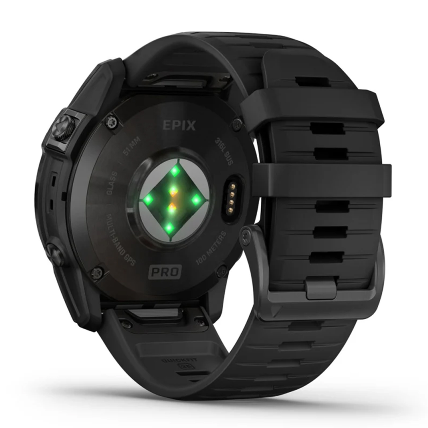 Smartwatch nero, vista posteriore. Luci verdi visibili, cinturino nero. Sfondo nero.