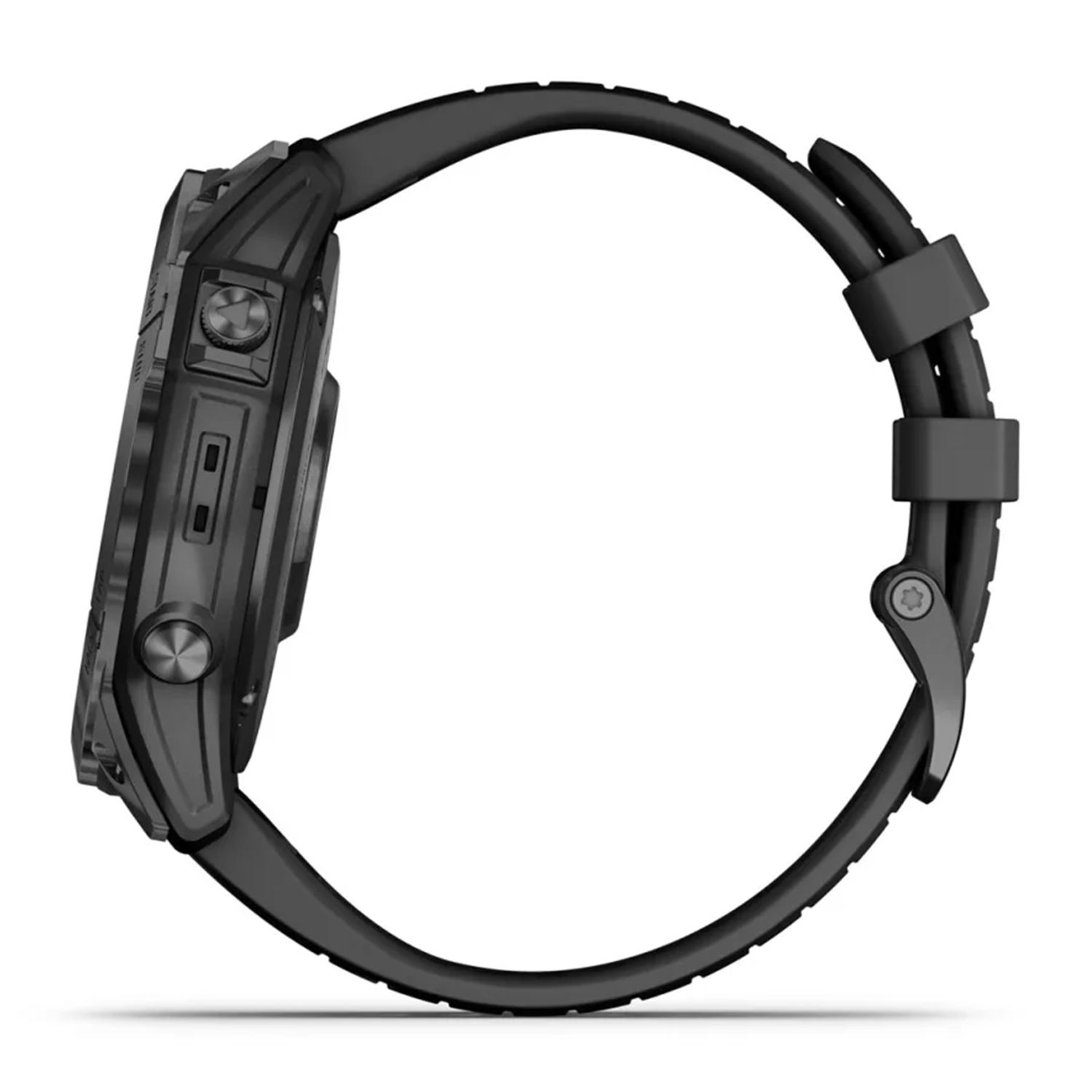 Smartwatch nero, vista laterale, cinturino nero, con pulsanti e display circolare, sfondo bianco.