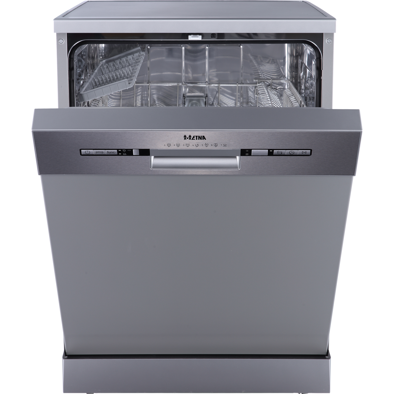 A silver dishwasher with the door open, showing the interior racks and controls.