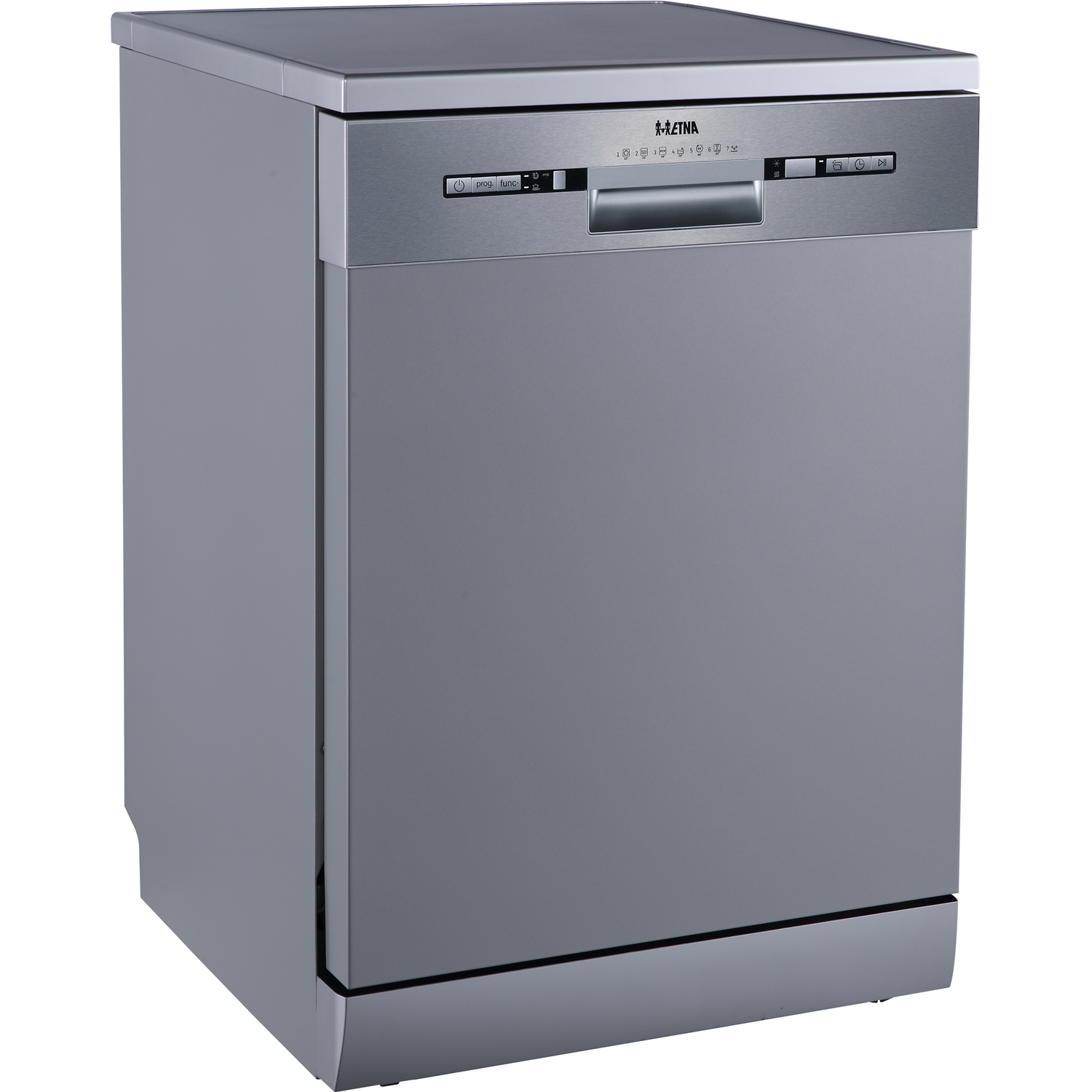 A silver dishwasher. The front has a panel with buttons and a handle.