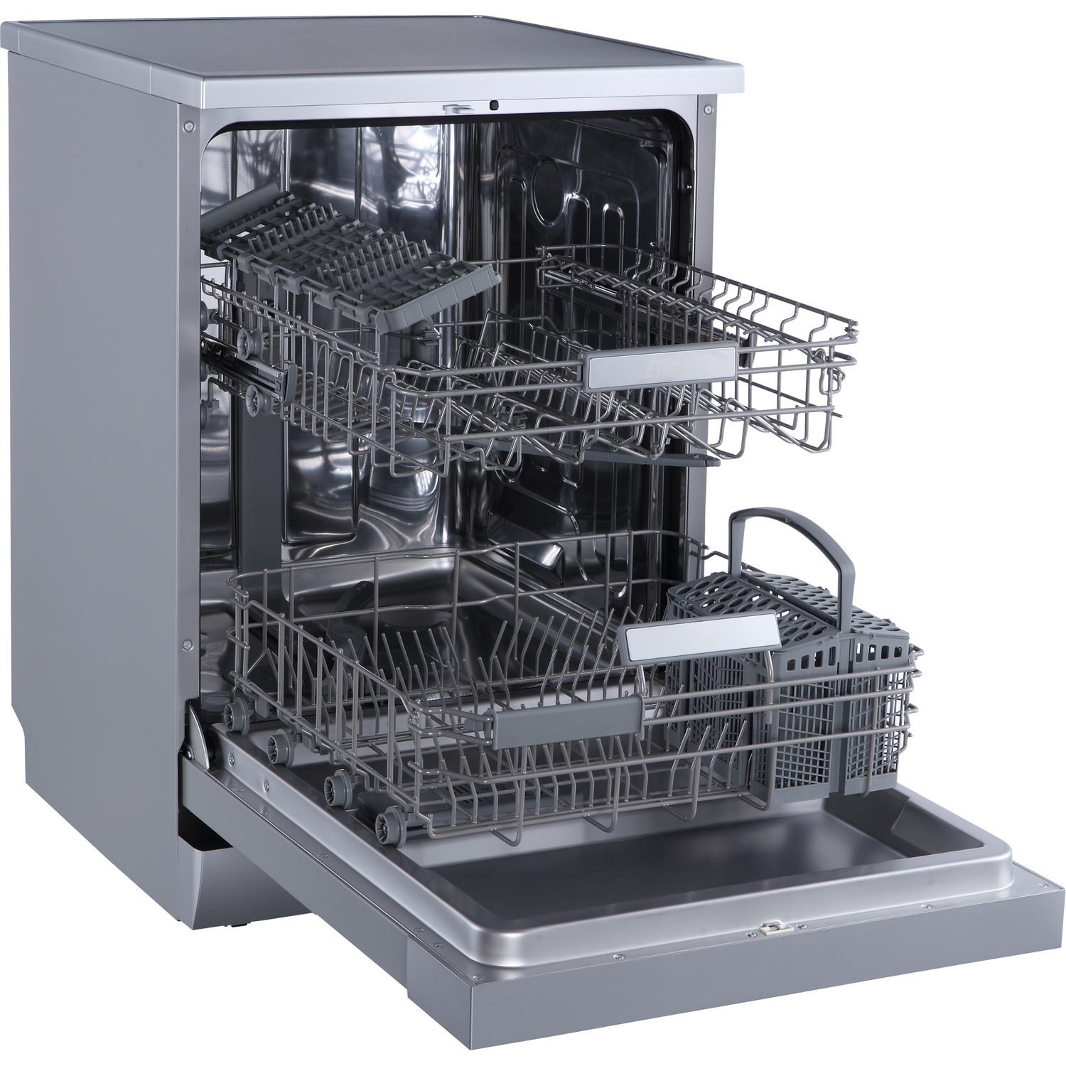A silver dishwasher with the door open, displaying racks and a utensil basket.