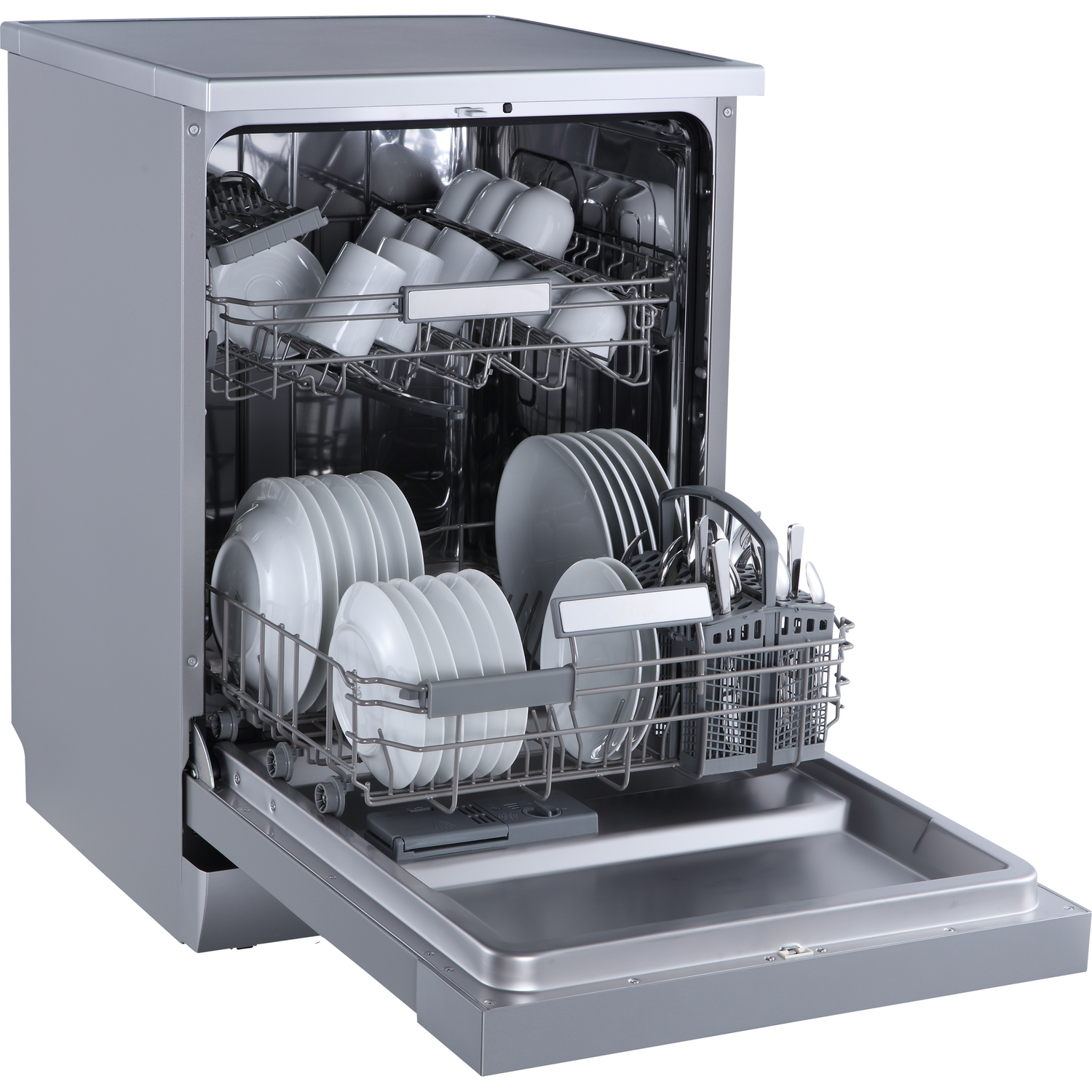 Dishwasher with open door, filled with dishes, cups, and cutlery.