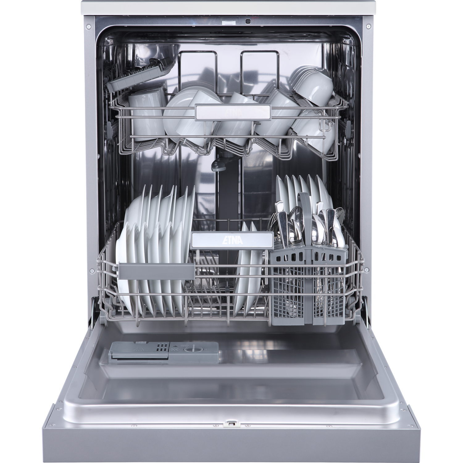 An open dishwasher with dishes, glasses, and silverware inside. Clean and organized.