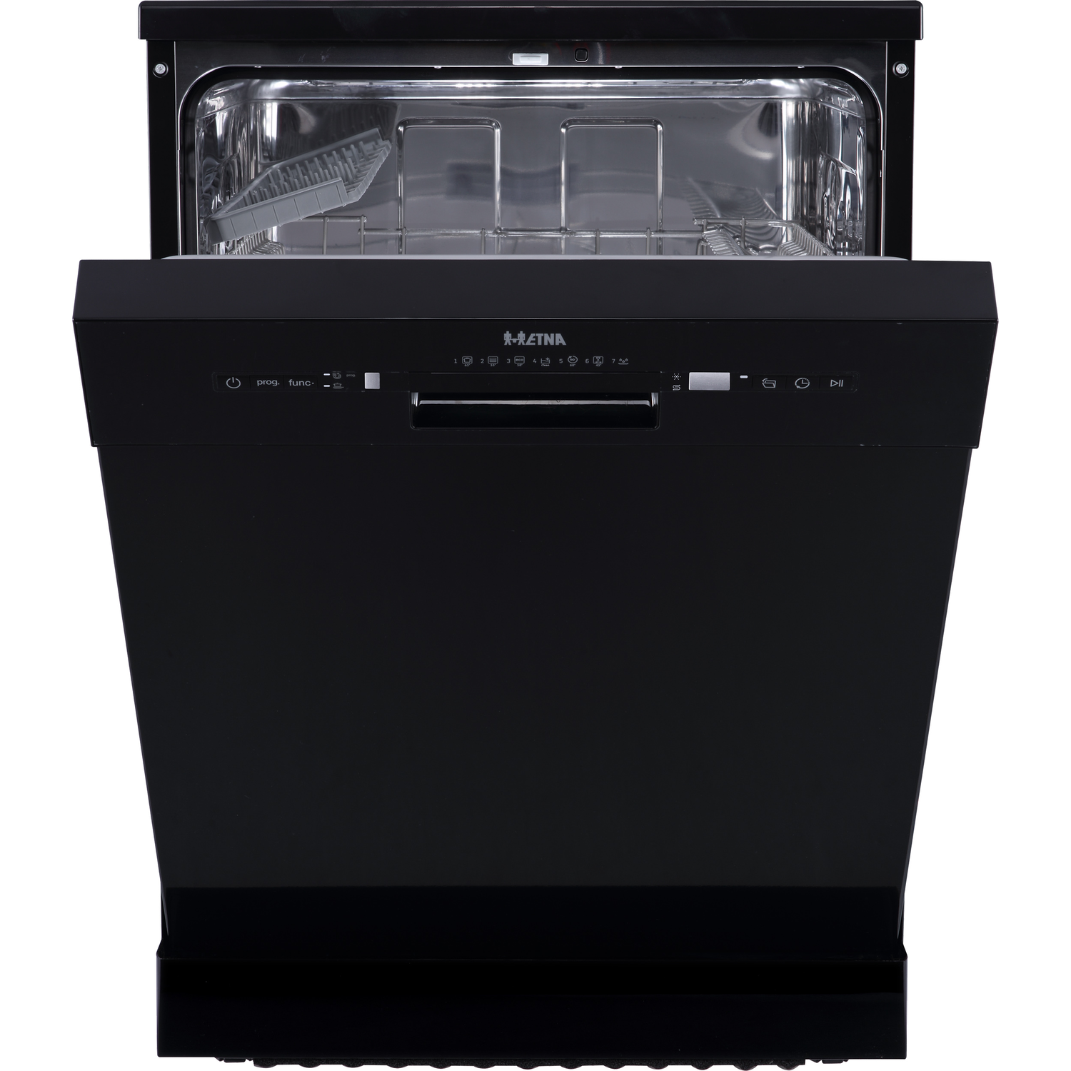 A black Etna dishwasher, with the door open, revealing the interior.